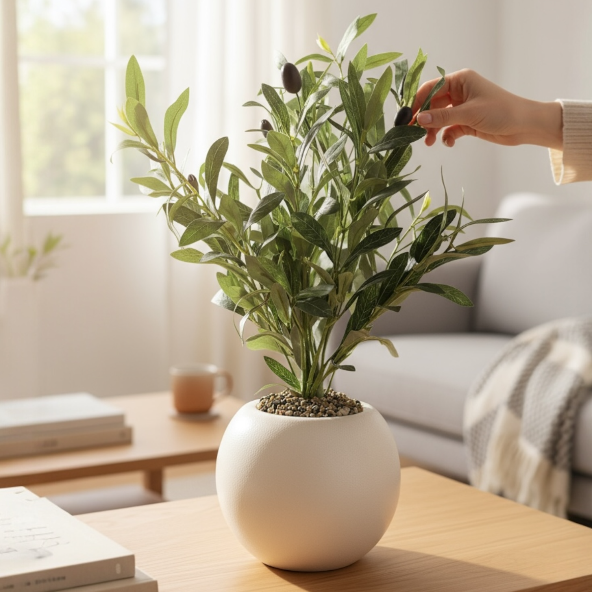 Artificial Olive Plant in Round White Pot