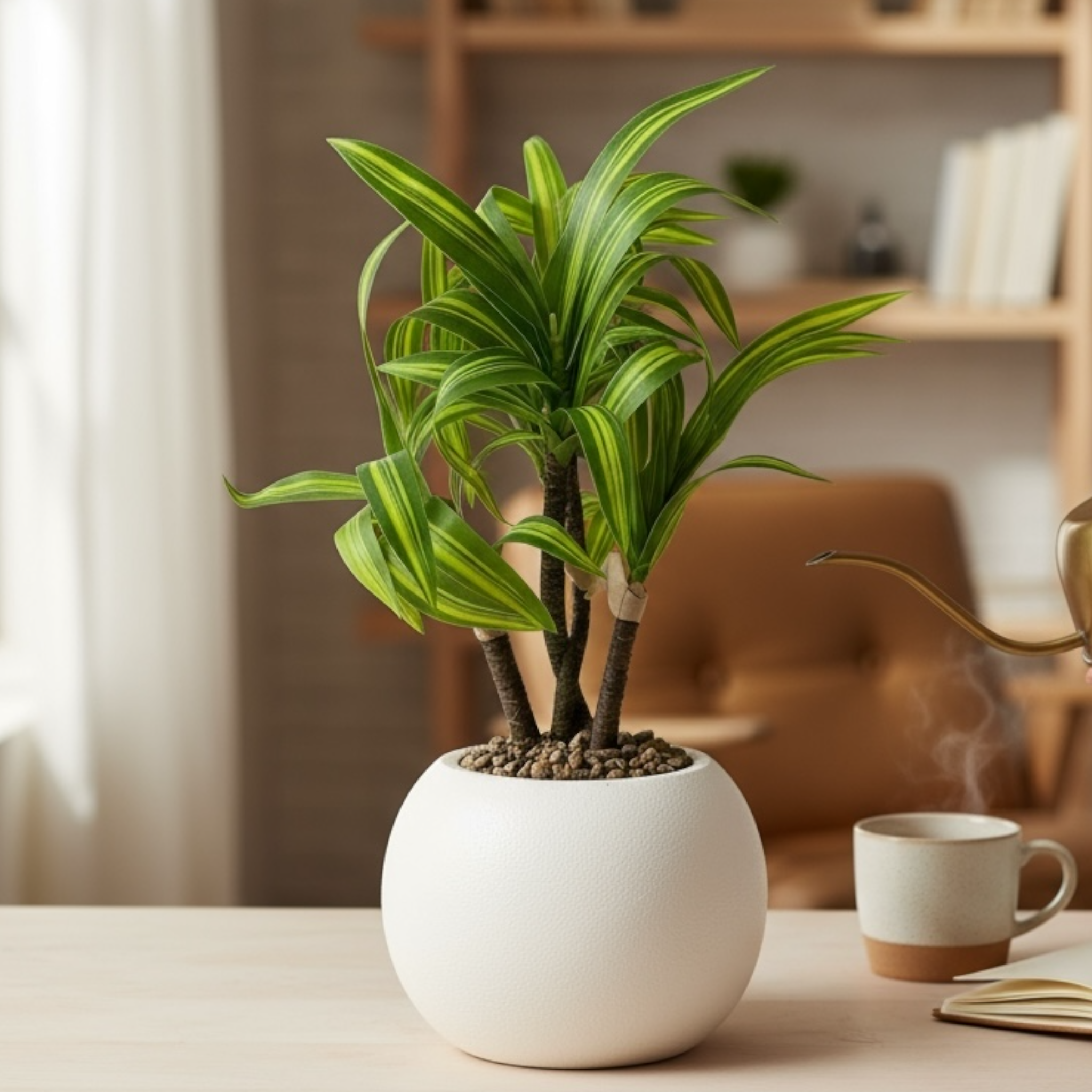 Artificial Dracaena Plant in White Round Pot
