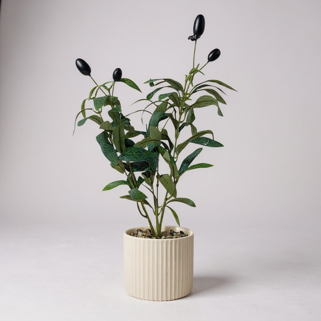 Artificial Olive Plant in Ribbed Ceramic Pot