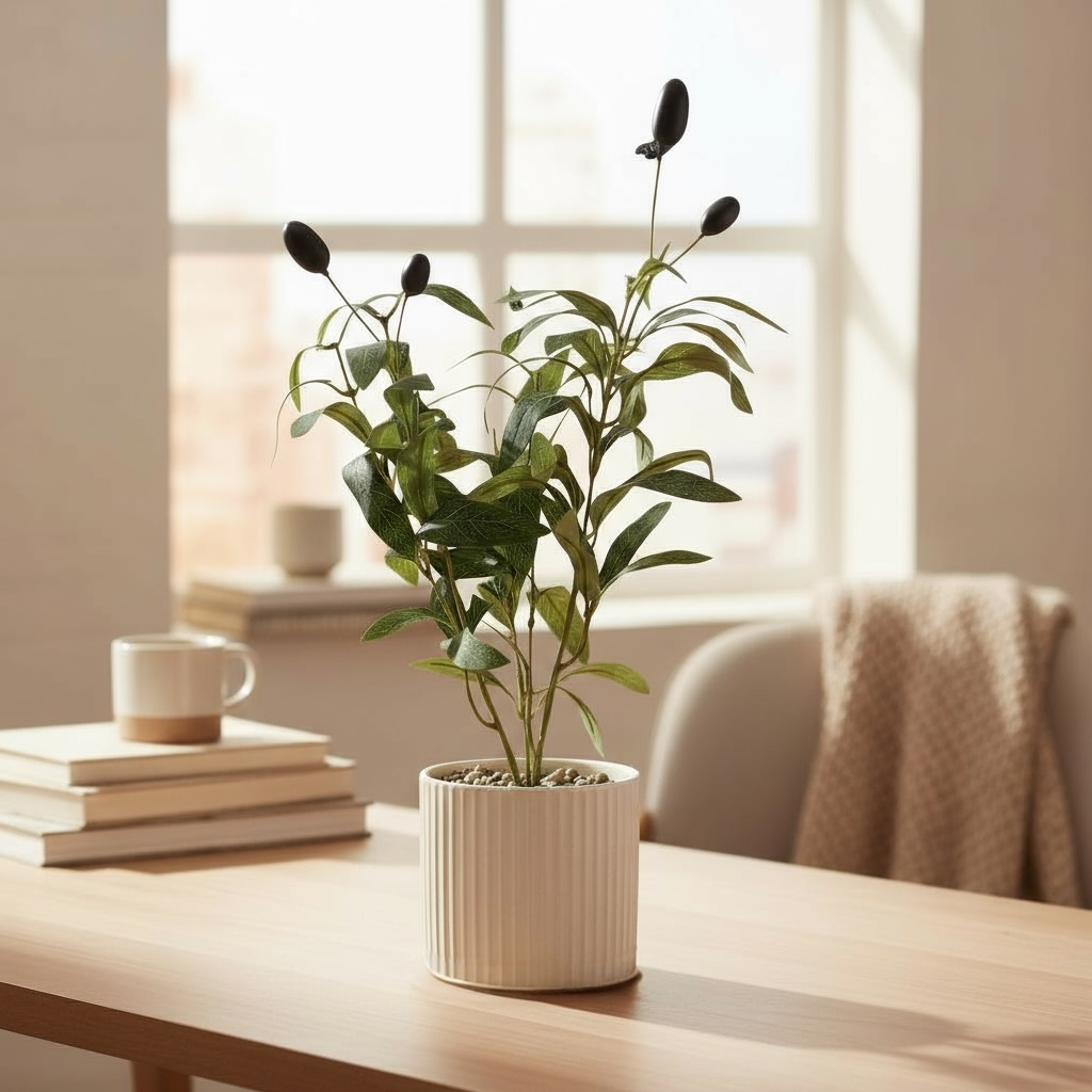 Artificial Olive Plant in Ribbed Ceramic Pot