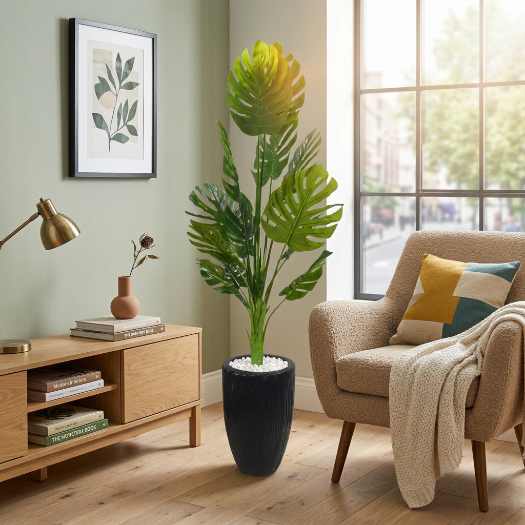 Tall Artificial Monstera Plant in Ribbed Pot