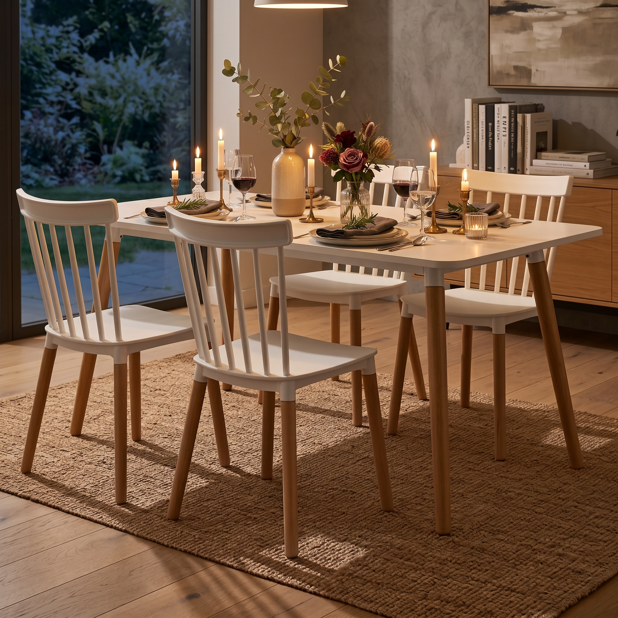 Modern Dining Table Set with 4 Spindle Back Chairs – MDF Table & Beech Wood Legs