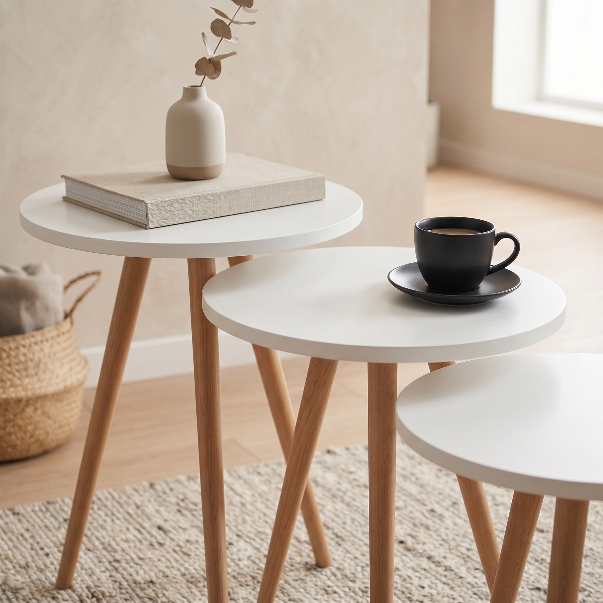 Modern Nesting Side Tables Set of 3 – MDF Top & Beech Wood Legs