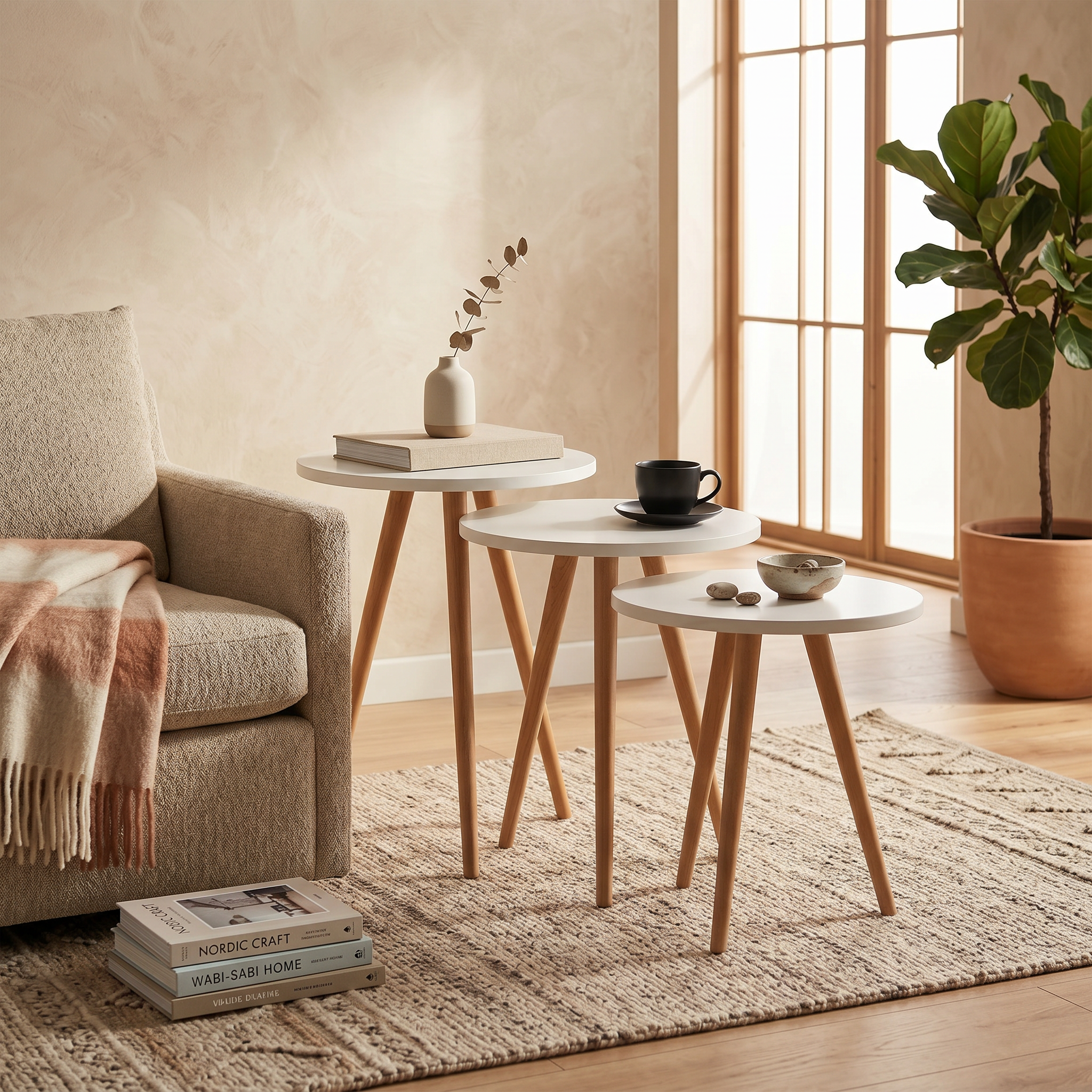 Modern Nesting Side Tables Set of 3 – MDF Top & Beech Wood Legs