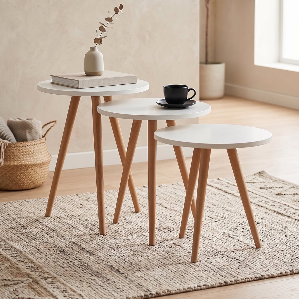 Modern Nesting Side Tables Set of 3 – MDF Top & Beech Wood Legs