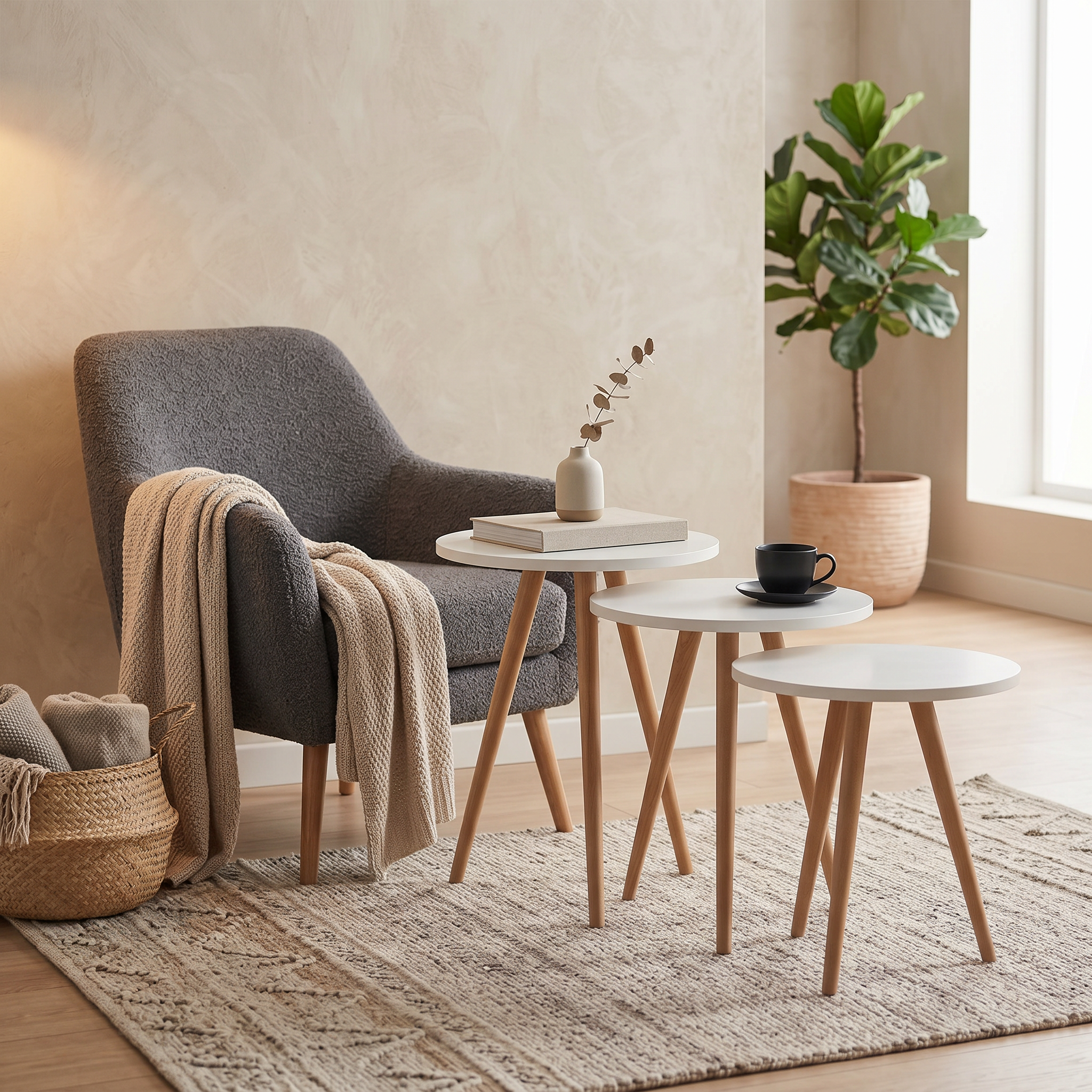 Modern Nesting Side Tables Set of 3 – MDF Top & Beech Wood Legs