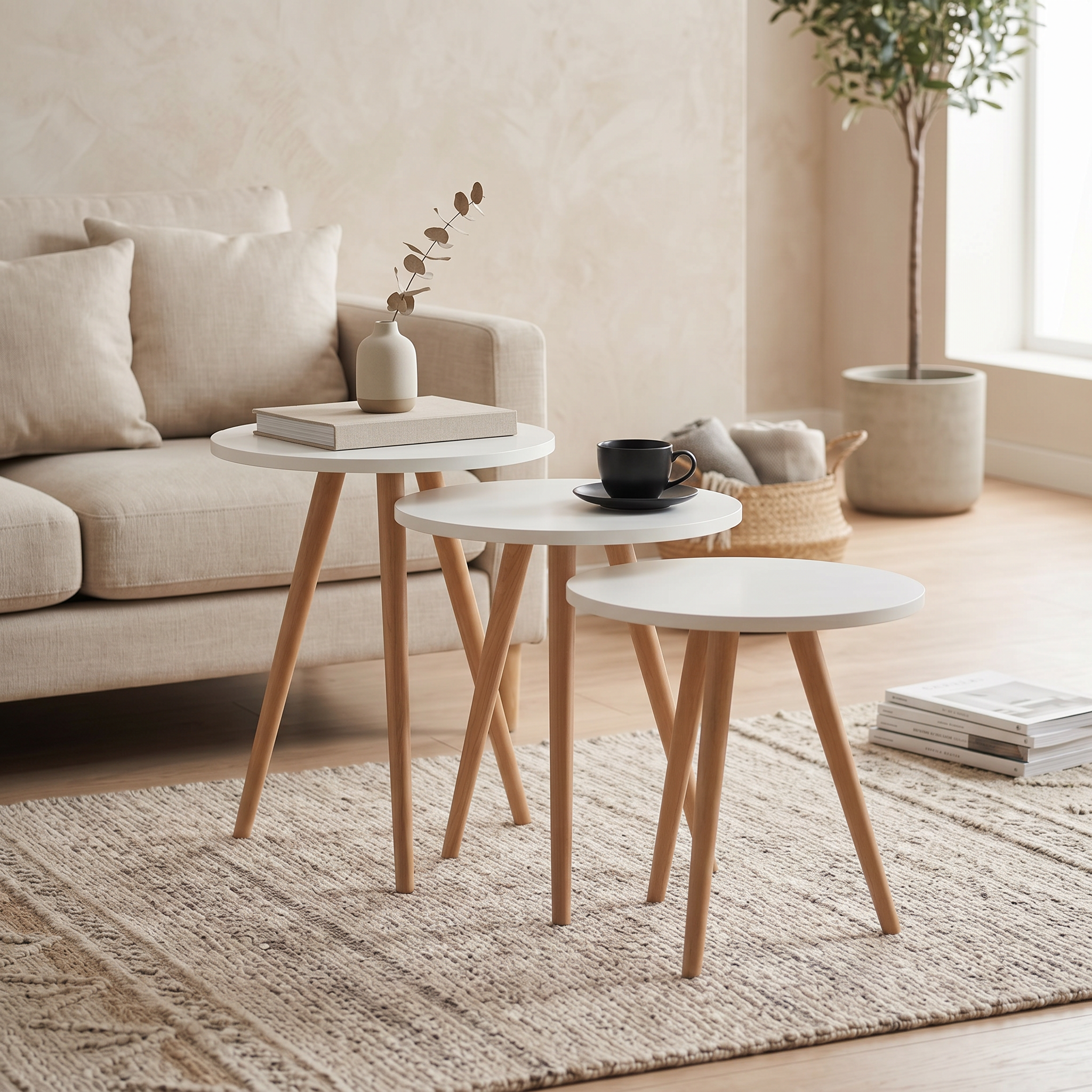 Modern Nesting Side Tables Set of 3 – MDF Top & Beech Wood Legs