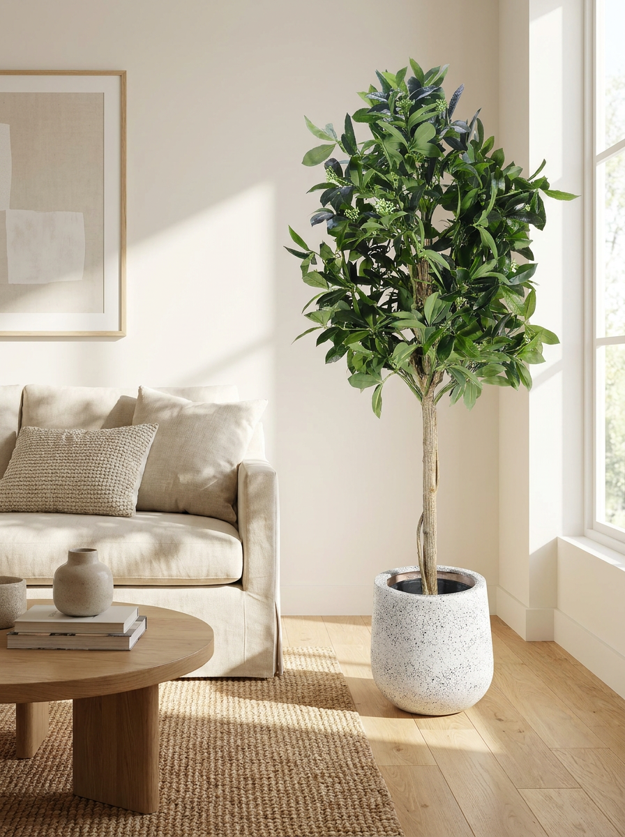 Artificial Ficus Tree with Flower Buds in Fiberglass Pot