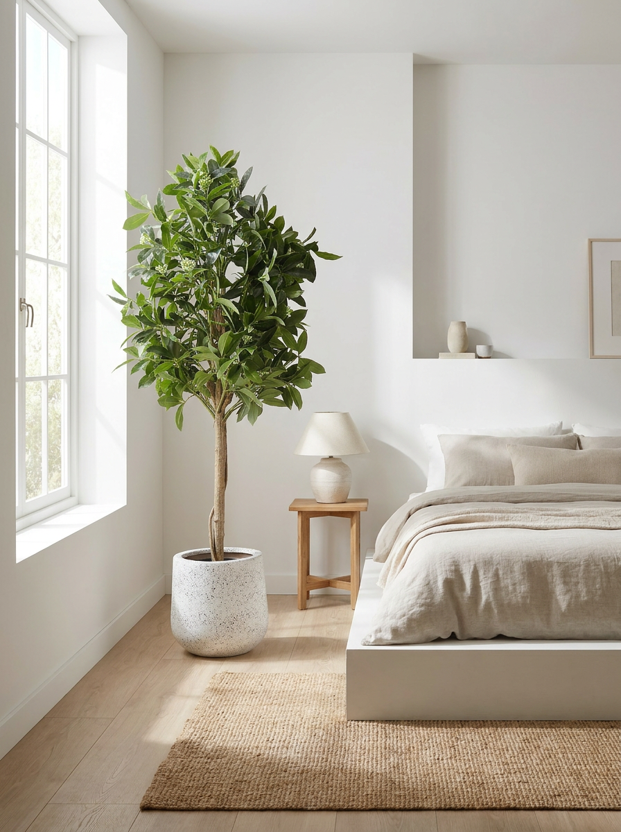 Artificial Ficus Tree with Flower Buds in Fiberglass Pot