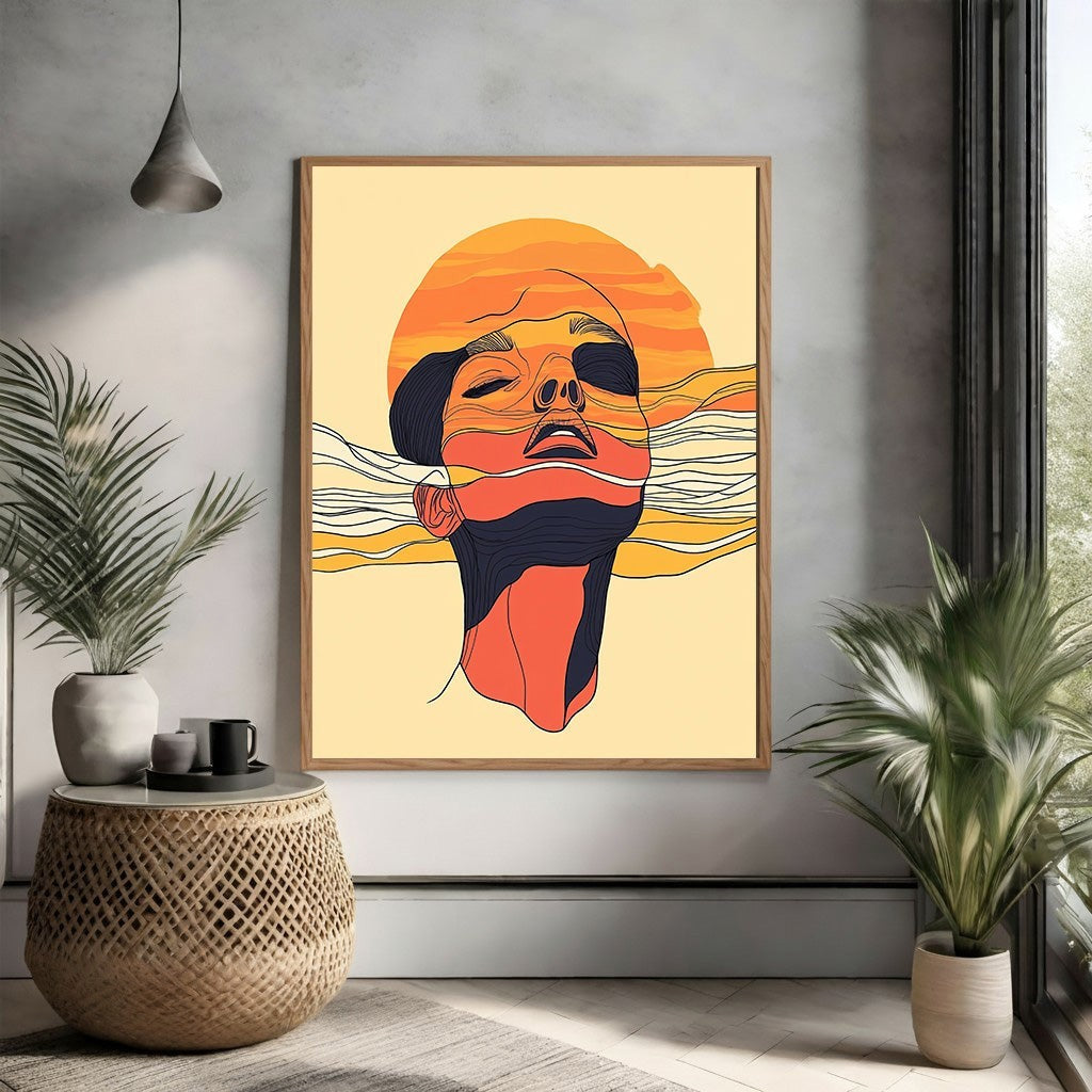 Abstract Face With Sunburst Lines Wall Art