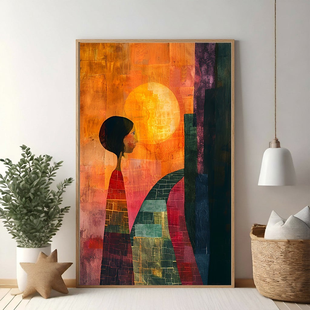 Abstract Figure With Sun And Cityscape