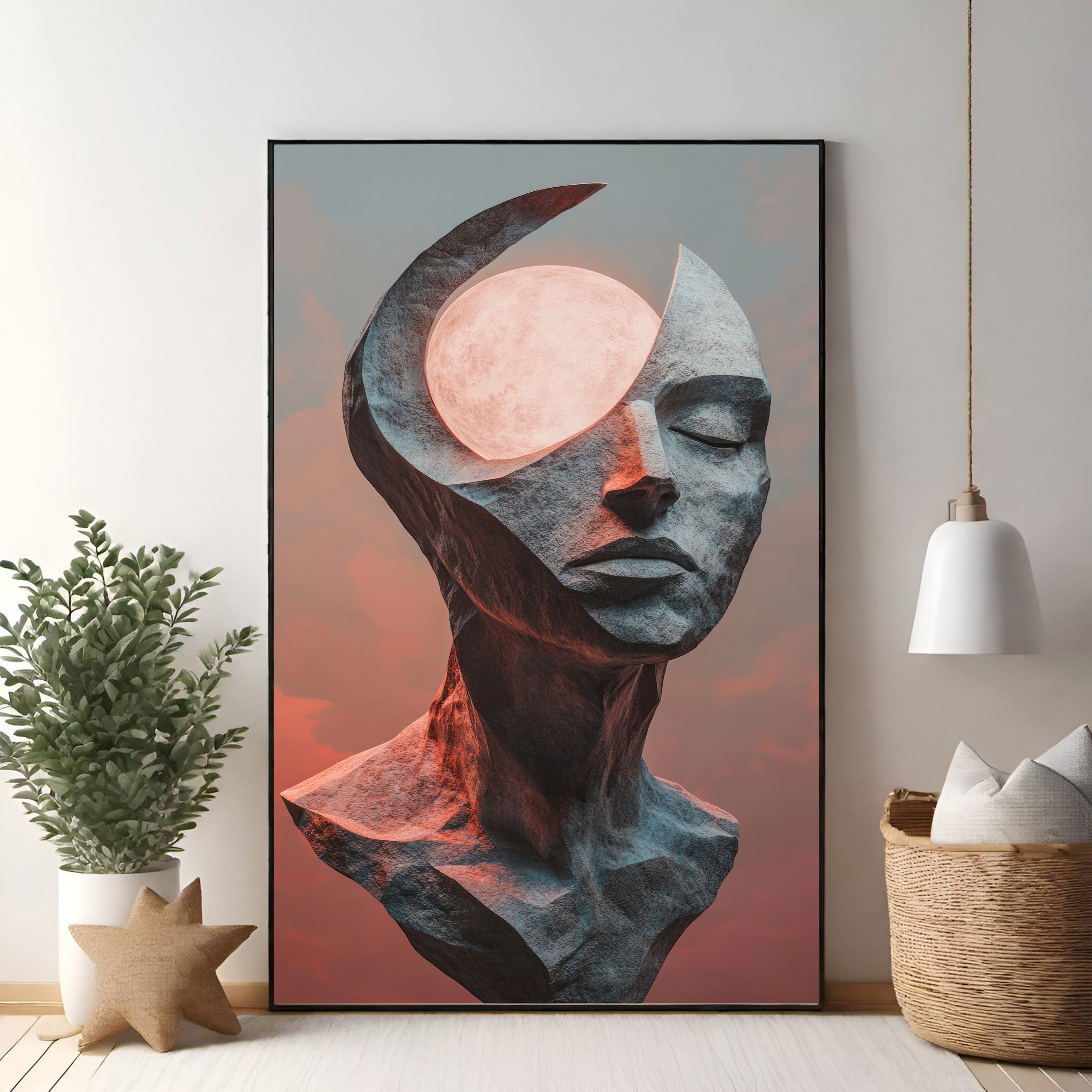Abstract Head Sculpture With Celestial Orb