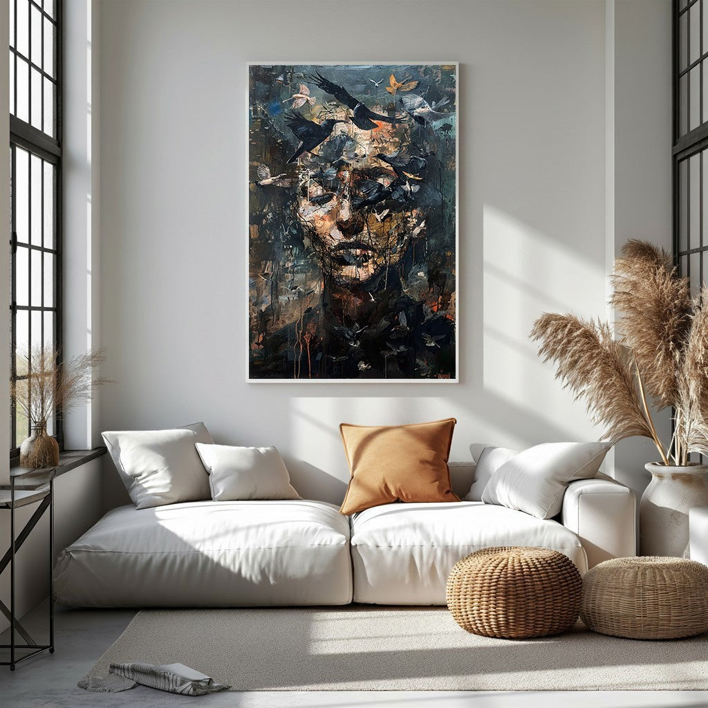 Abstract Portrait With Birds Wall Art