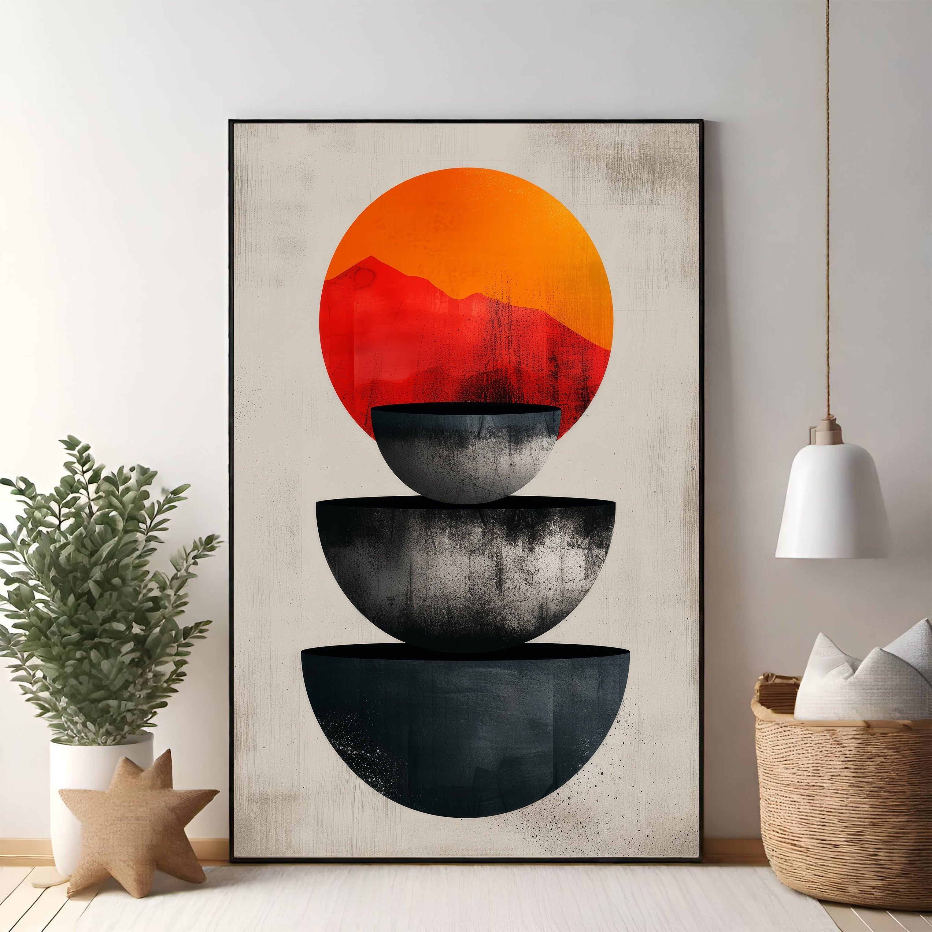 Abstract Geometric Sun Mountain Stacked Bowls Art
