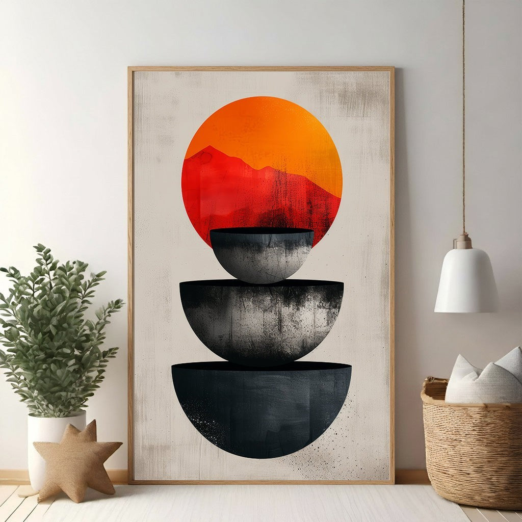 Abstract Geometric Sun Mountain Stacked Bowls Art
