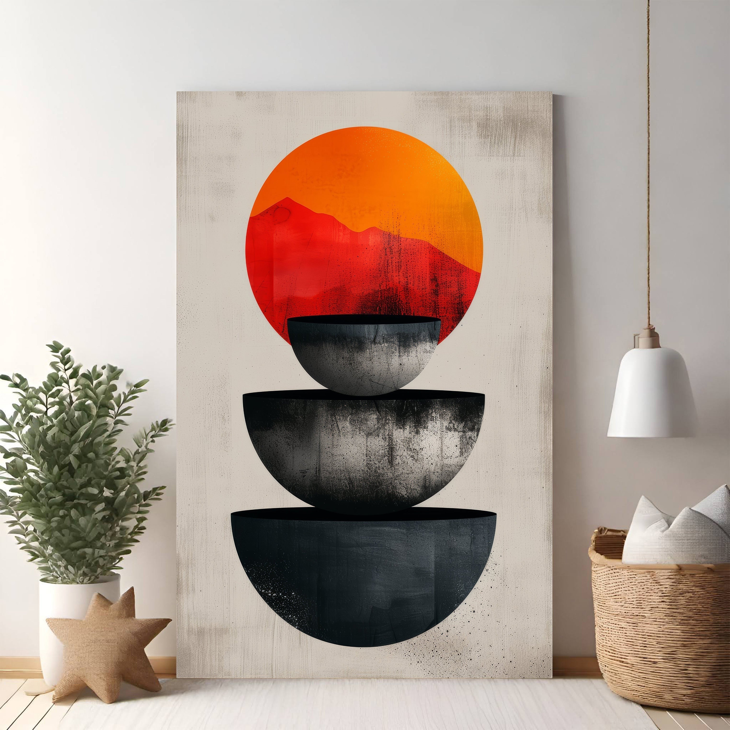 Abstract Geometric Sun Mountain Stacked Bowls Art