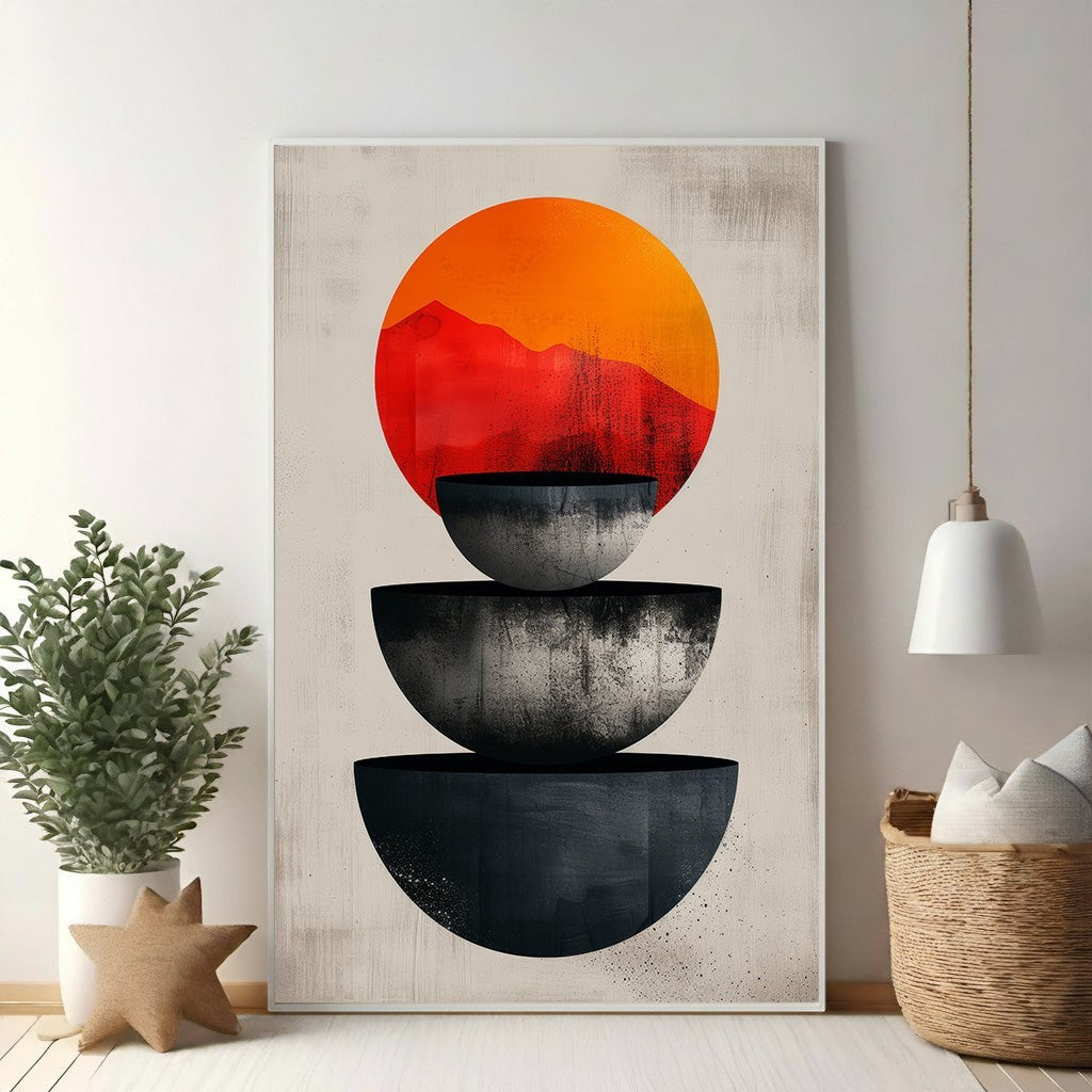 Abstract Geometric Sun Mountain Stacked Bowls Art
