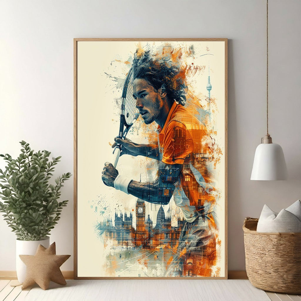 Abstract Tennis Player With Cityscape Background