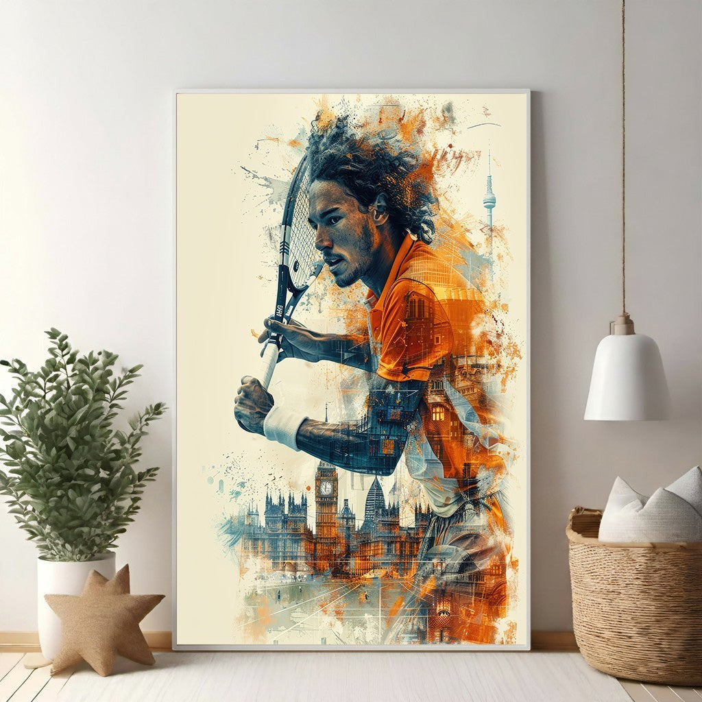 Abstract Tennis Player With Cityscape Background