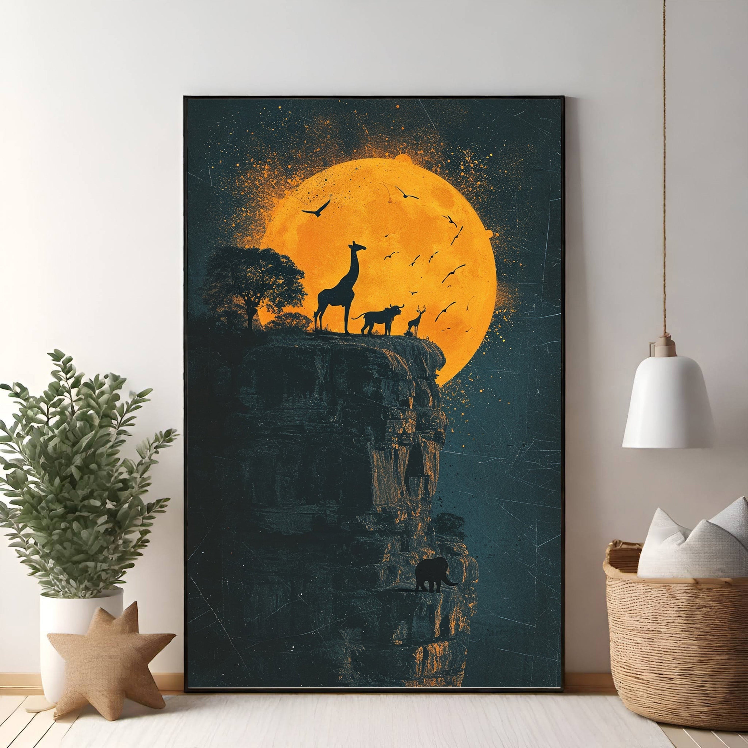 African Wildlife Sunset Silhouette Wall Art