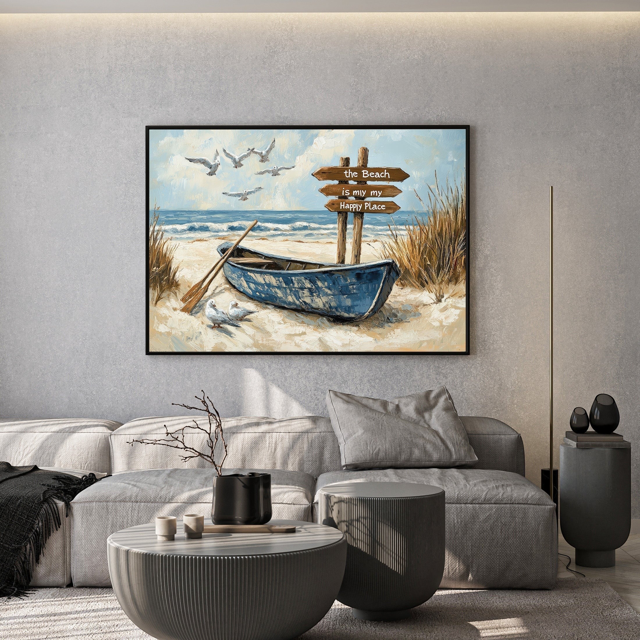 Coastal Beach Boat Scene Decorative Wall Art Print