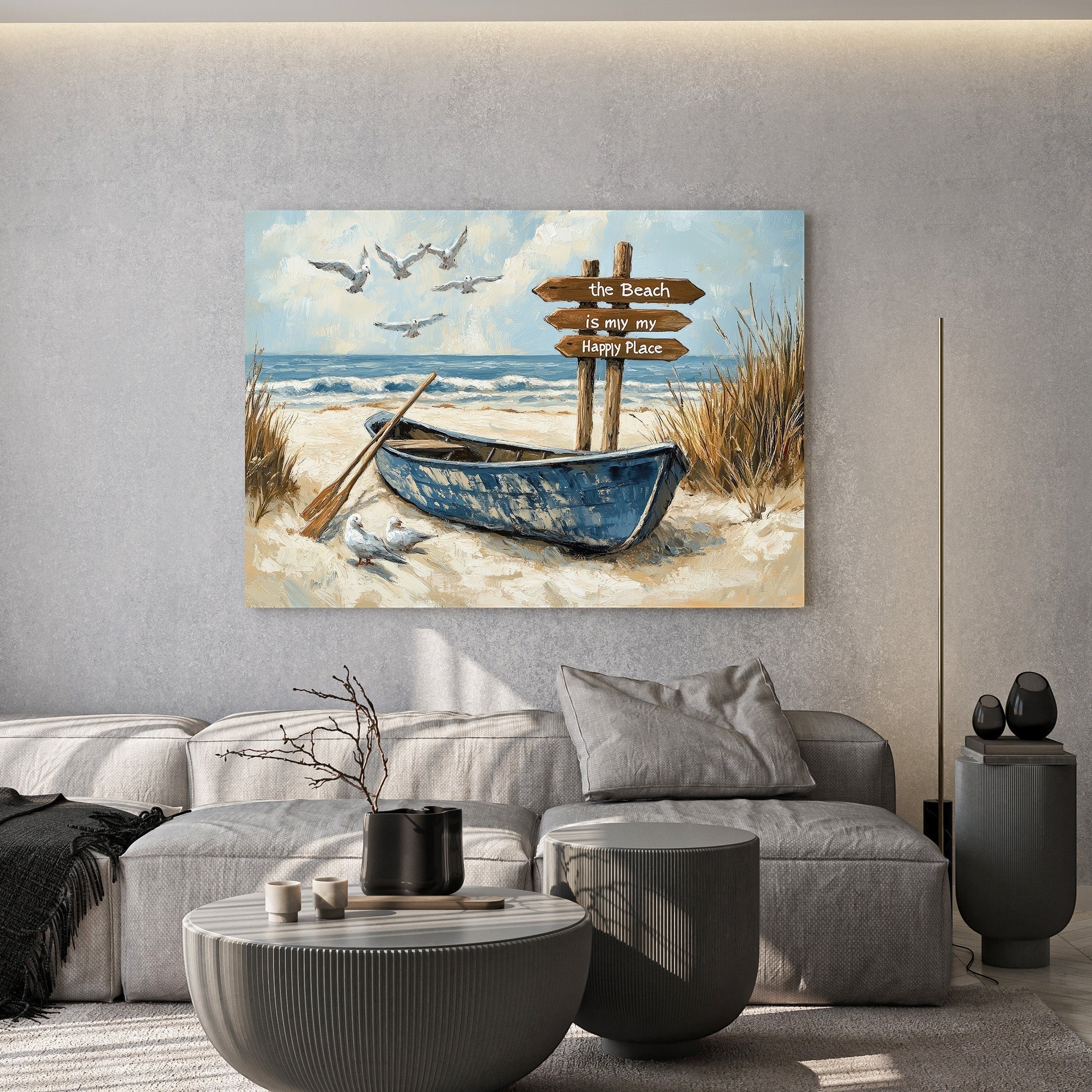 Coastal Beach Boat Scene Decorative Wall Art Print