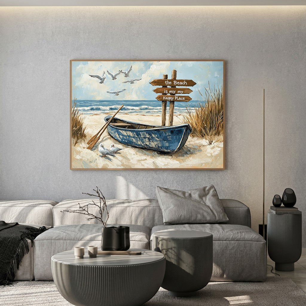 Coastal Beach Boat Scene Decorative Wall Art Print