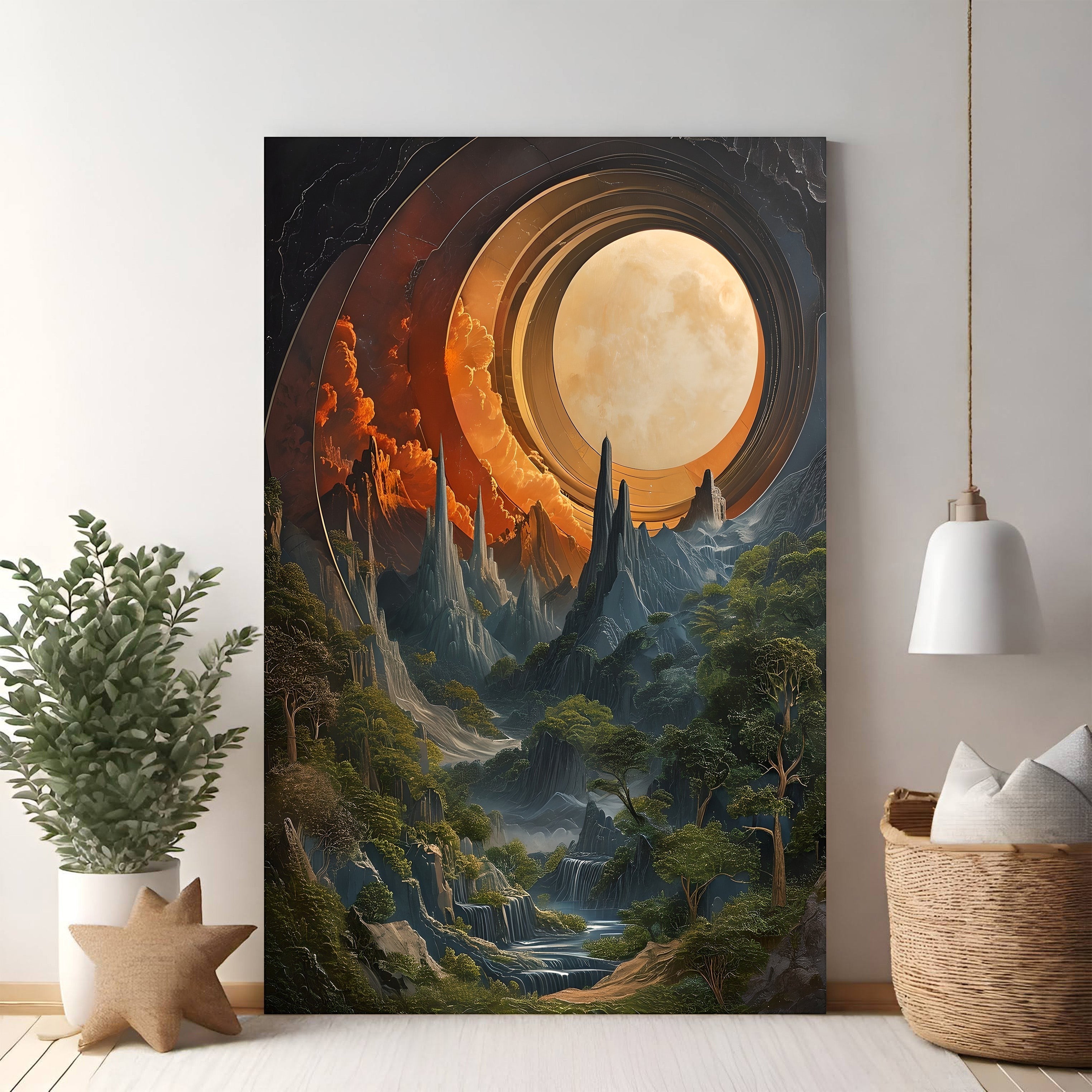 Cosmic Mountain Landscape With Ringed Planet
