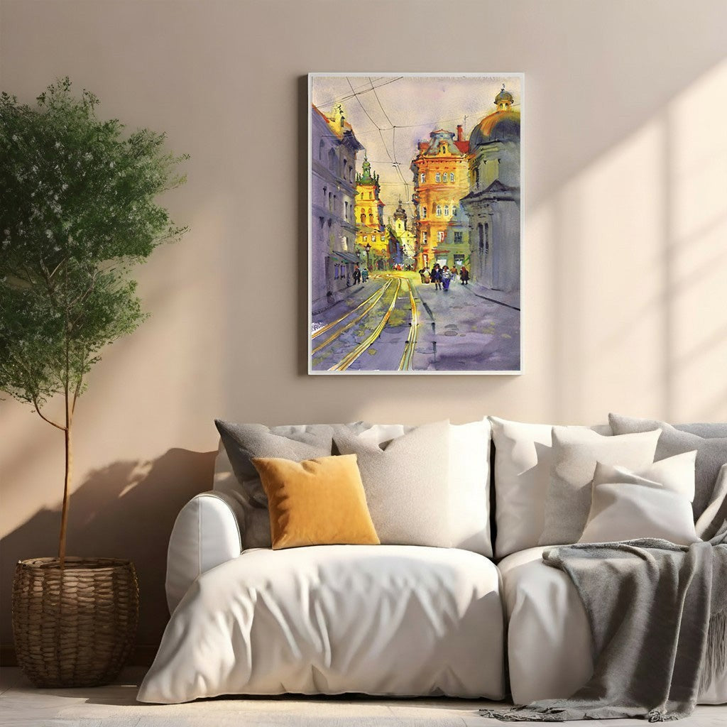 European City Street Watercolor Painting