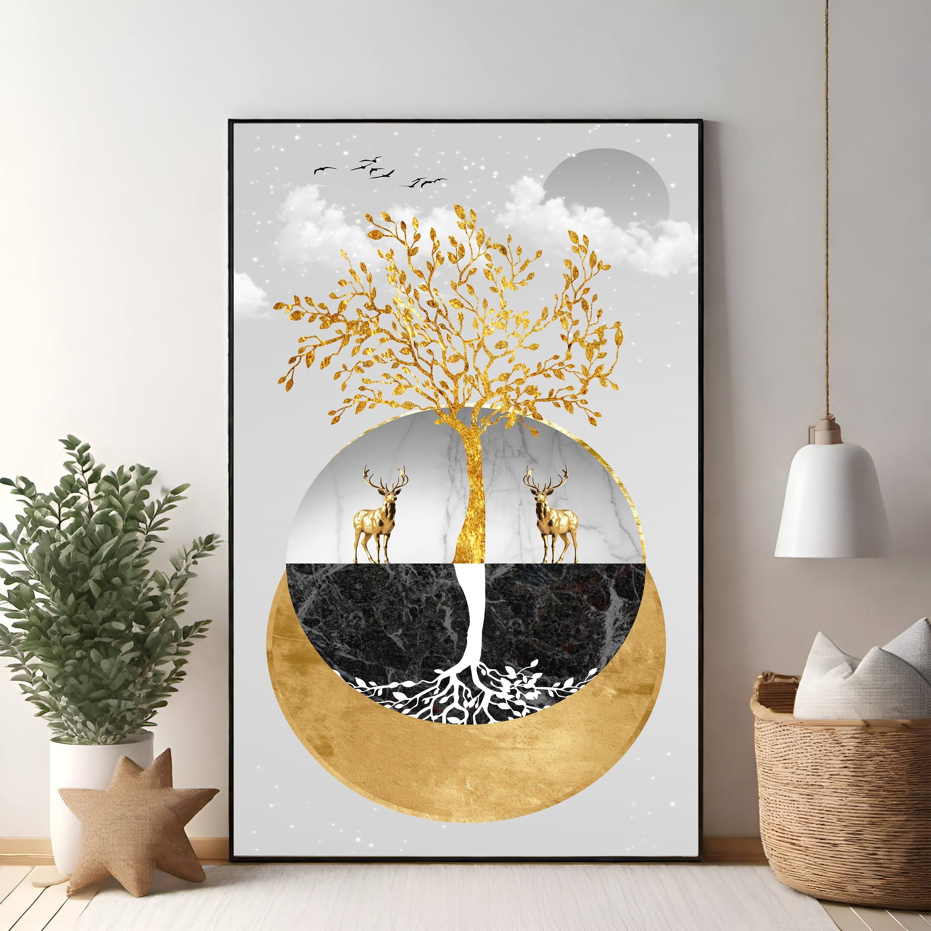 Golden Tree Of Life With Deer Wall Art
