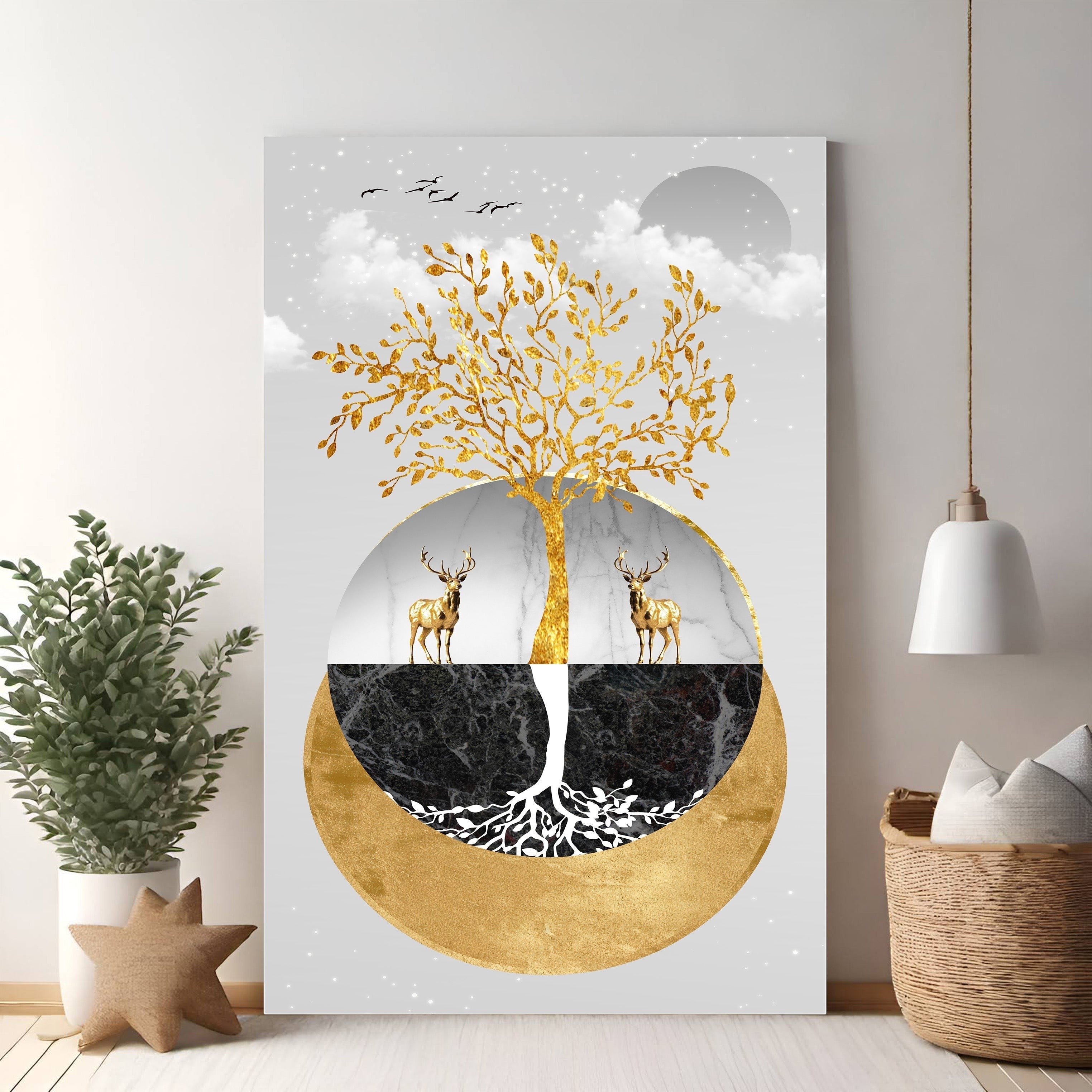 Golden Tree Of Life With Deer Wall Art