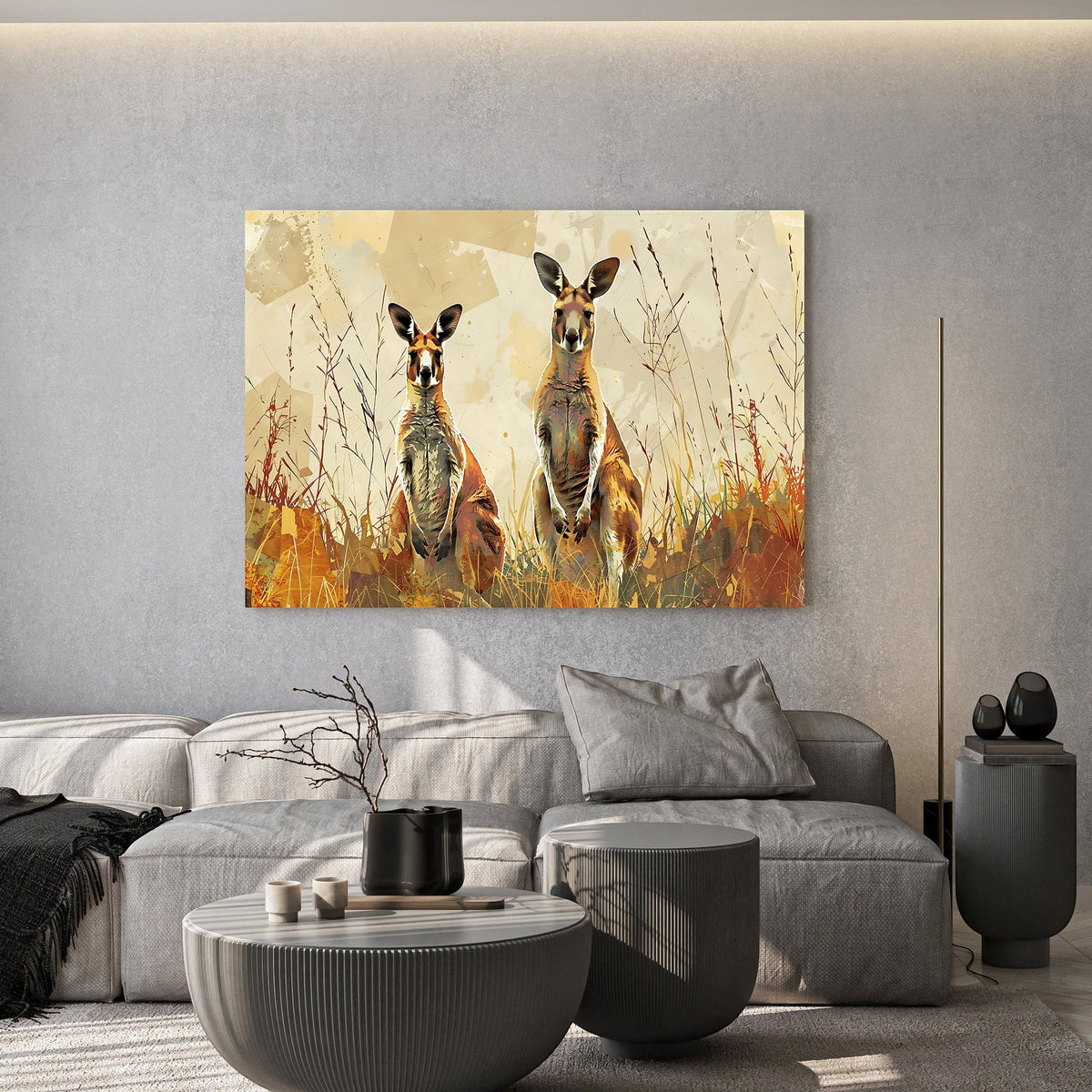 Two Kangaroos In A Field