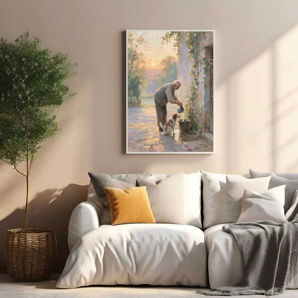 Old Man Watering Dog At Sunset