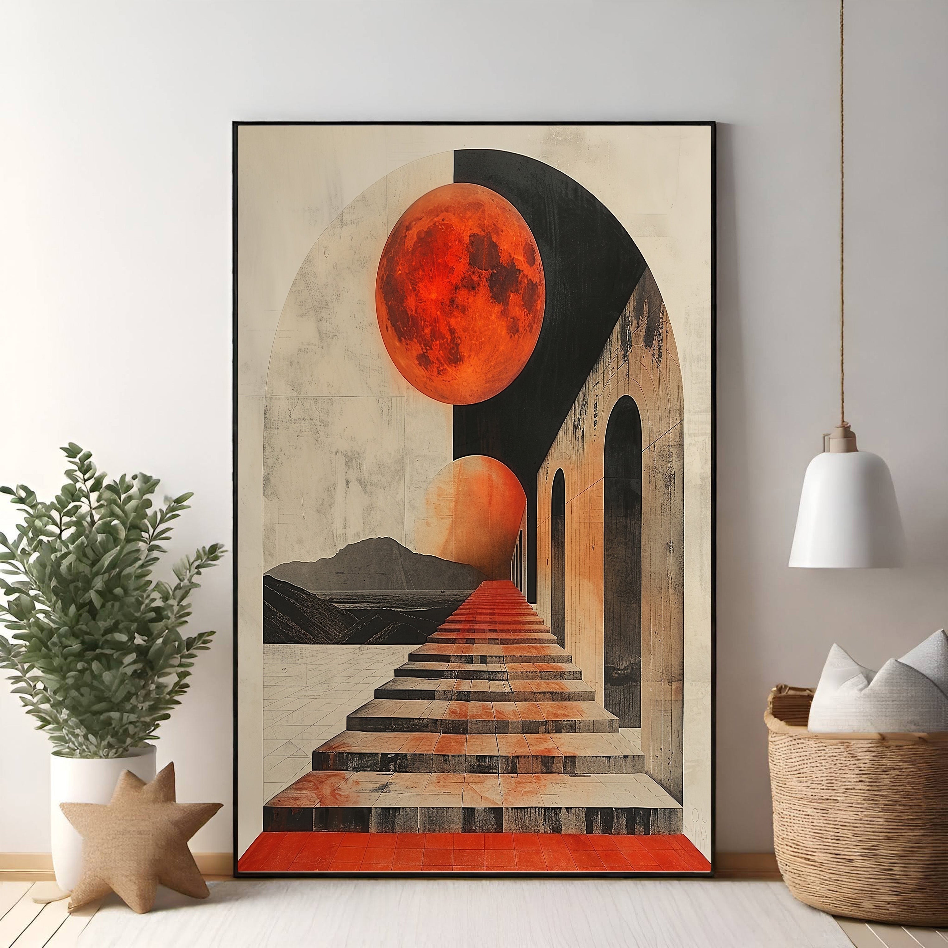 Surreal Archway With Red Moon And Steps