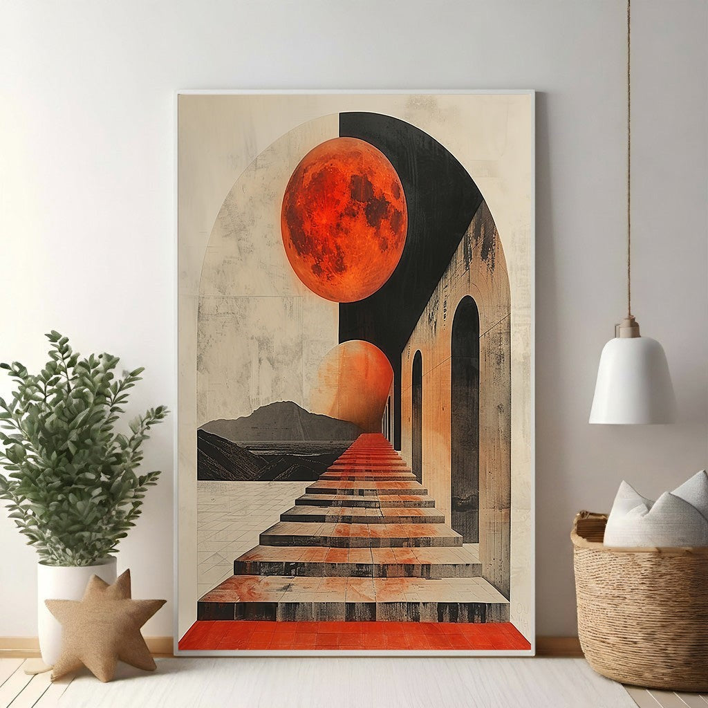Surreal Archway With Red Moon And Steps