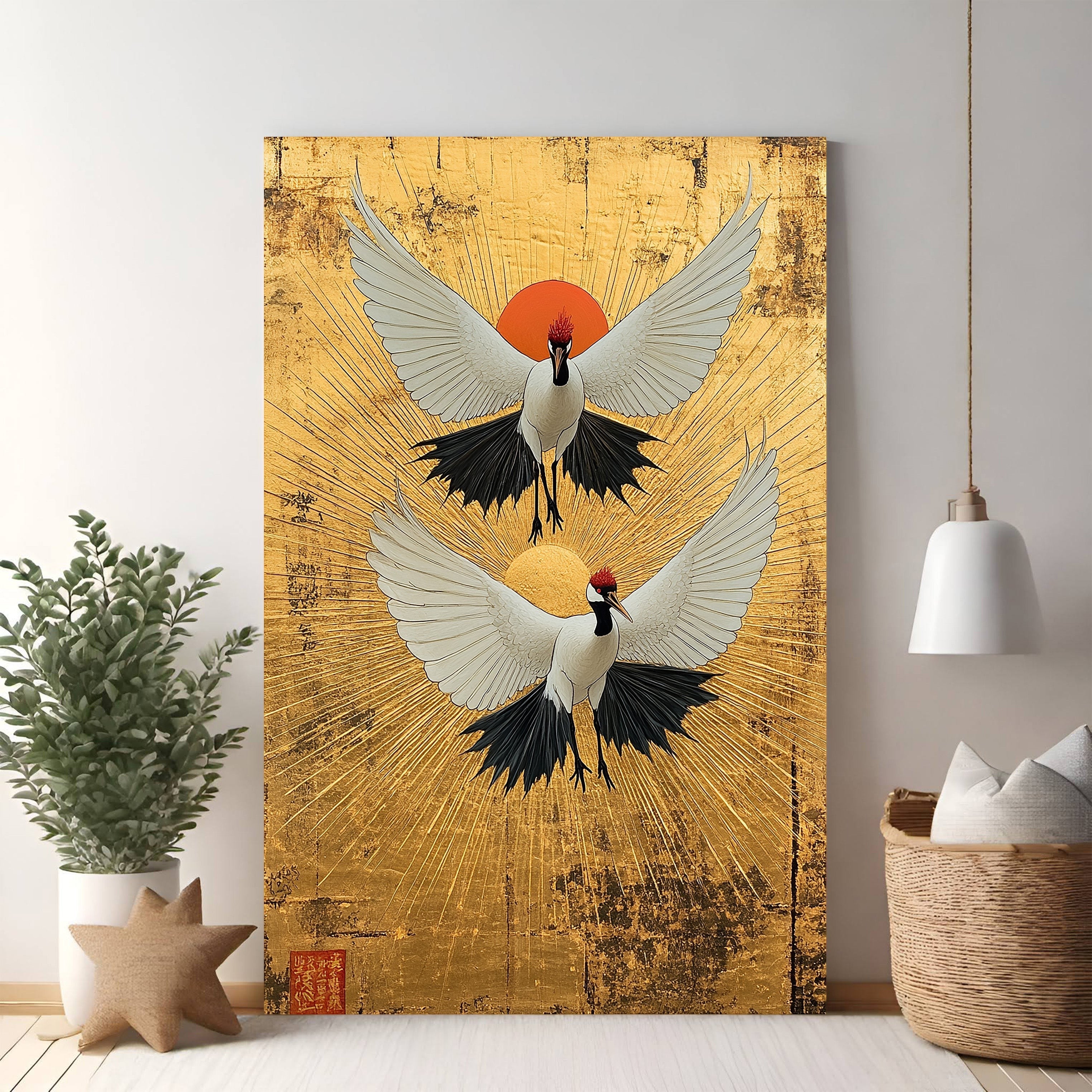 Two Cranes With Rising Sun Artwork