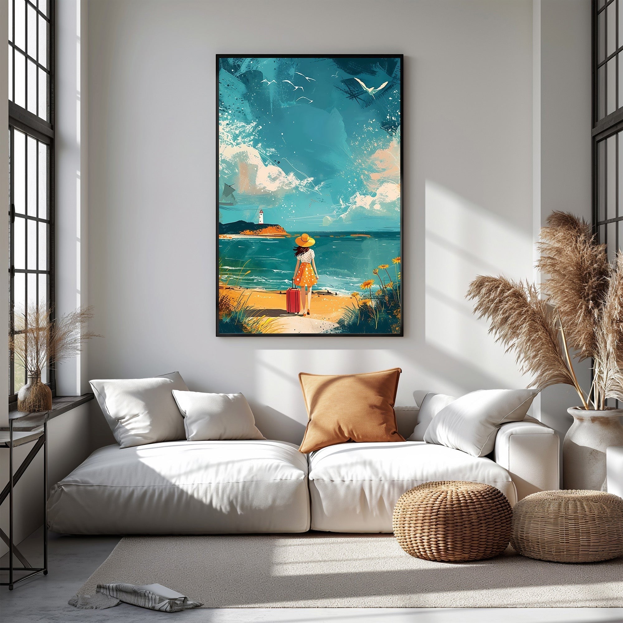 Woman With Suitcase On Beach Wall Art