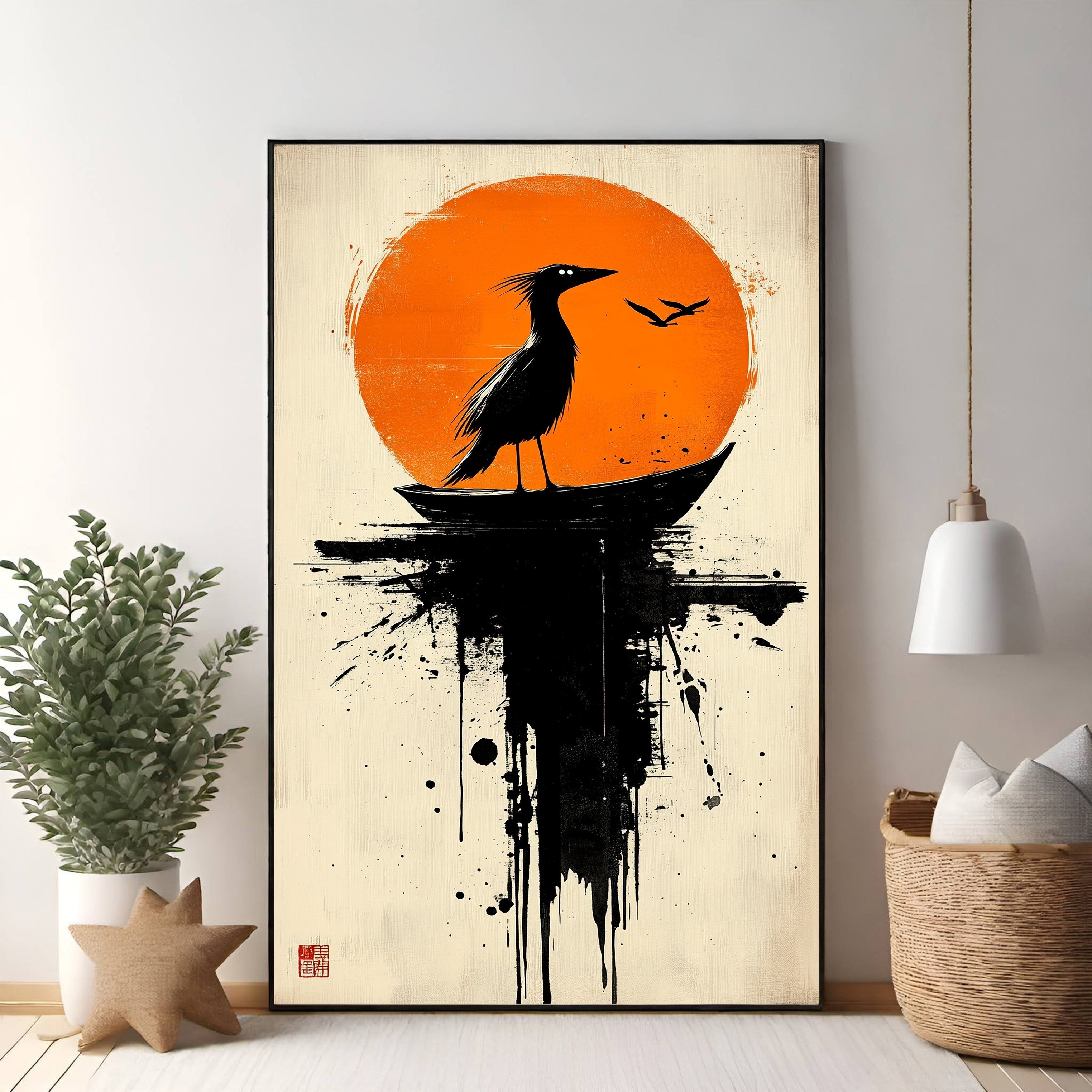 Abstract Bird Silhouette Against Orange Sun