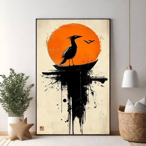 Abstract Bird Silhouette Against Orange Sun