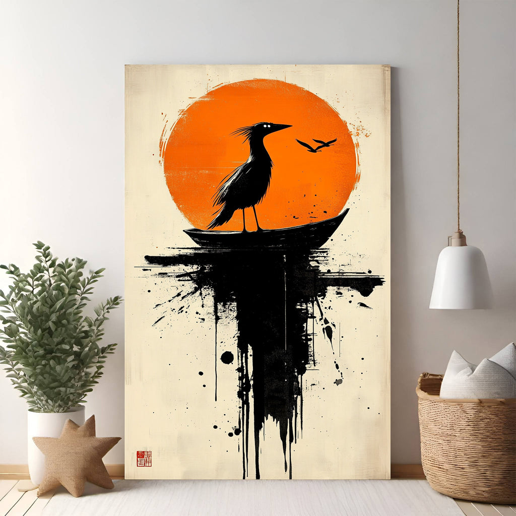 Abstract Bird Silhouette Against Orange Sun