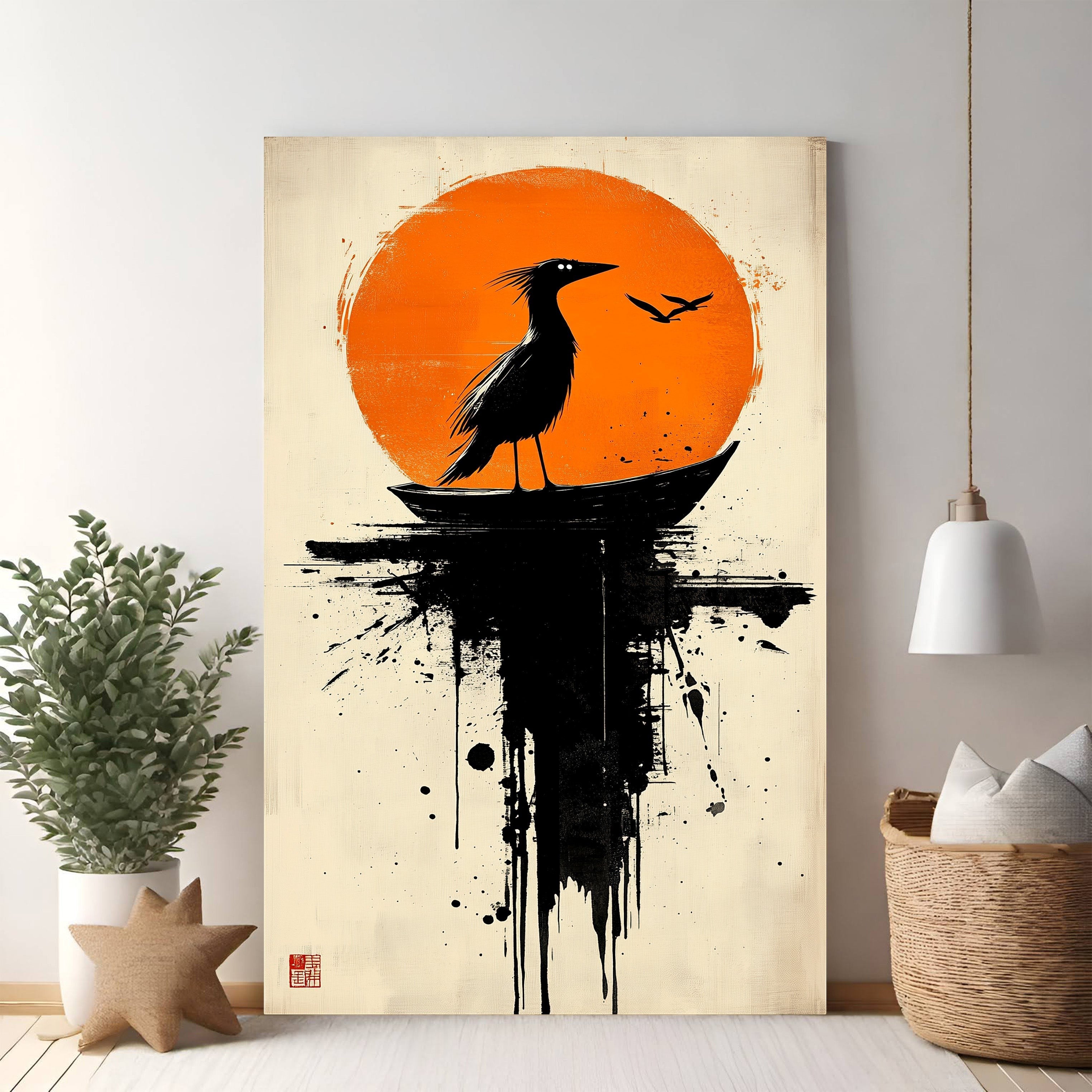 Abstract Bird Silhouette Against Orange Sun