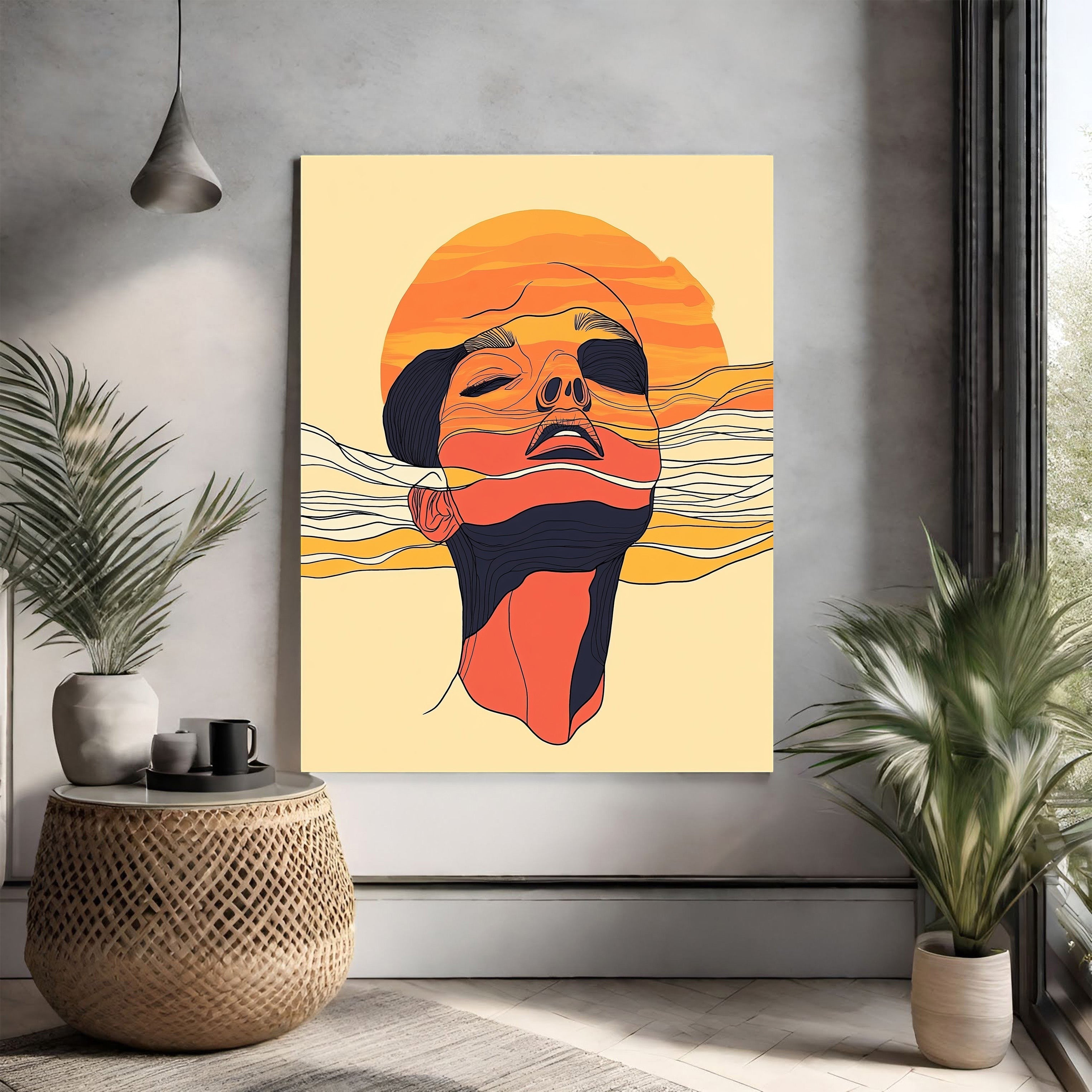 Abstract Face With Sunburst Lines Wall Art