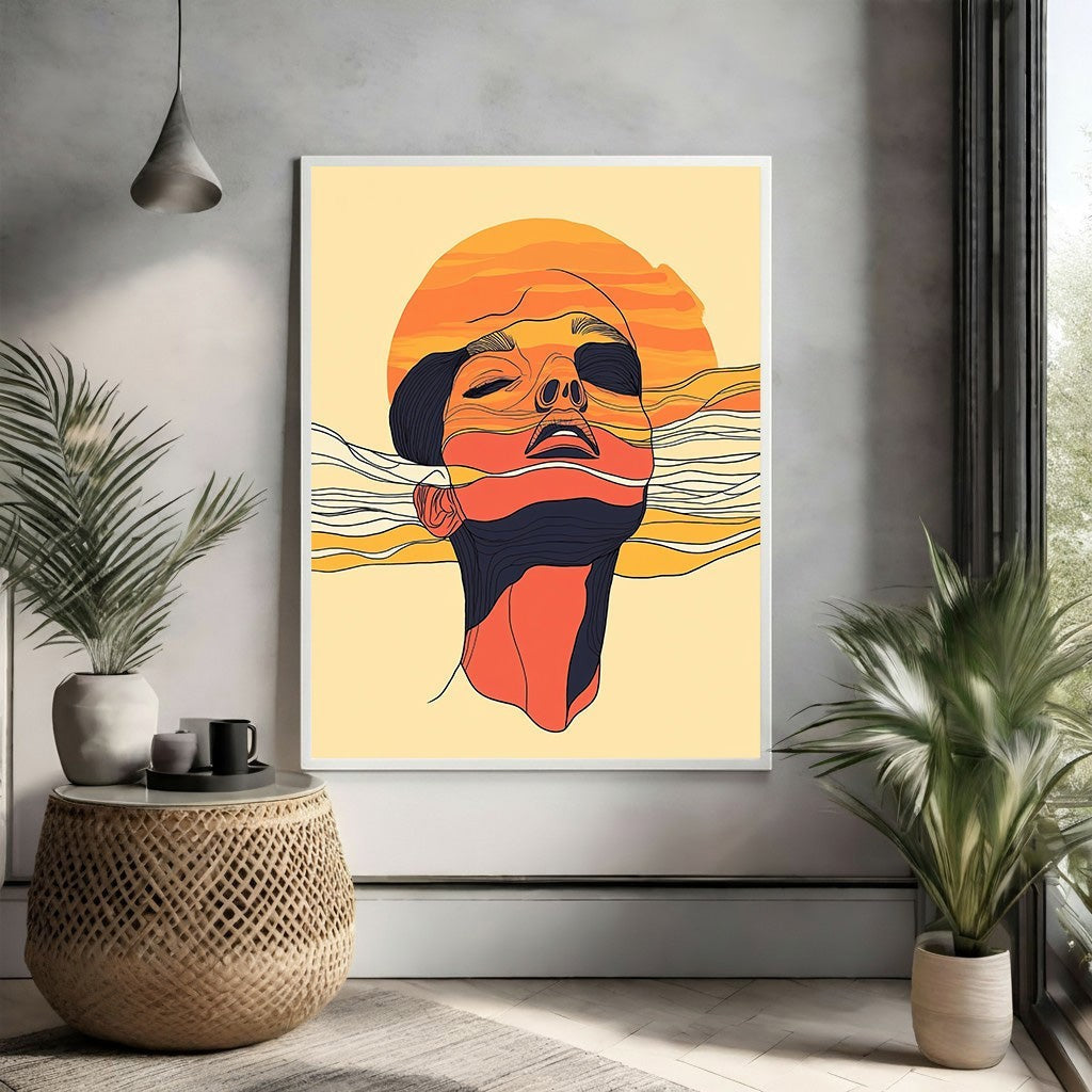 Abstract Face With Sunburst Lines Wall Art