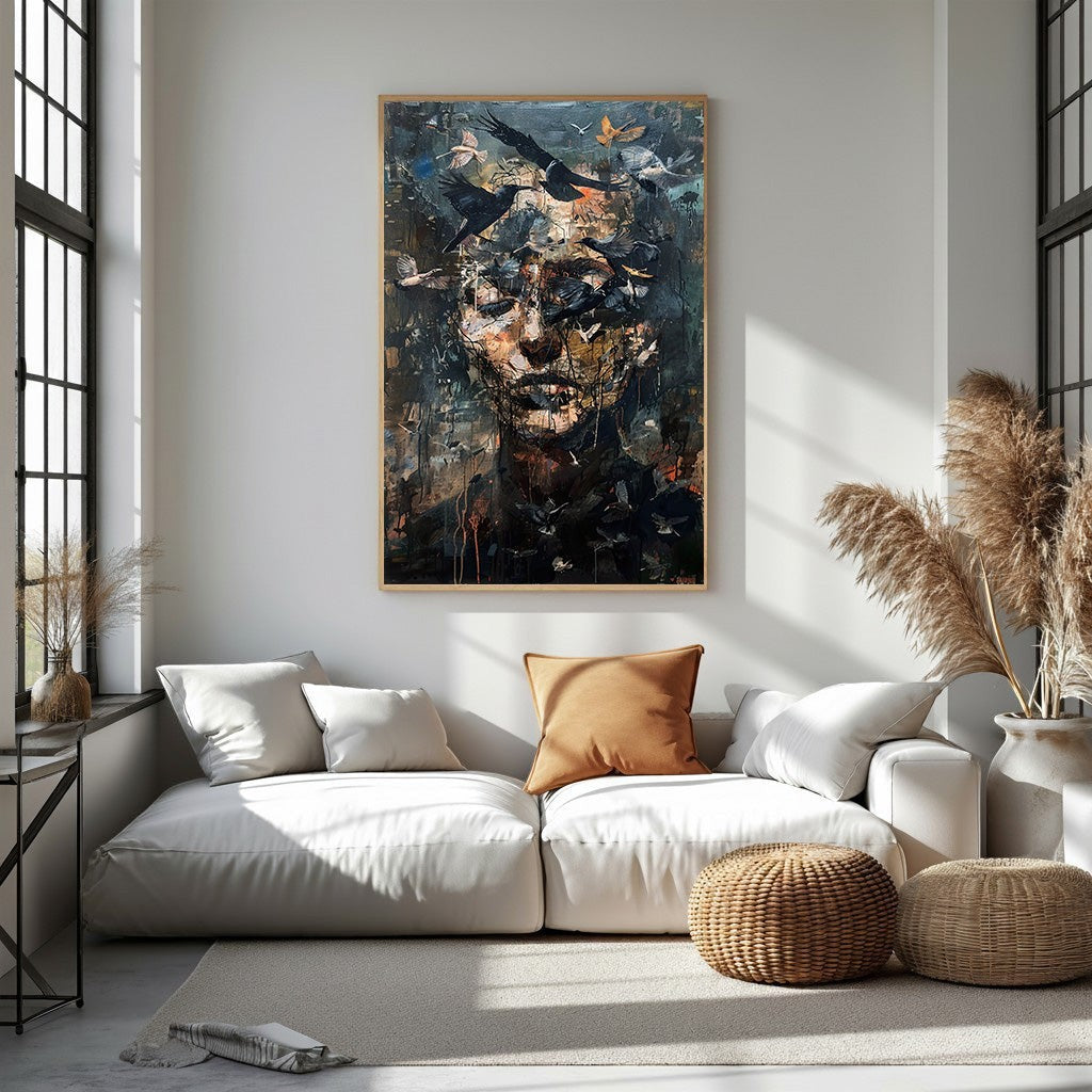 Abstract Portrait With Birds Wall Art