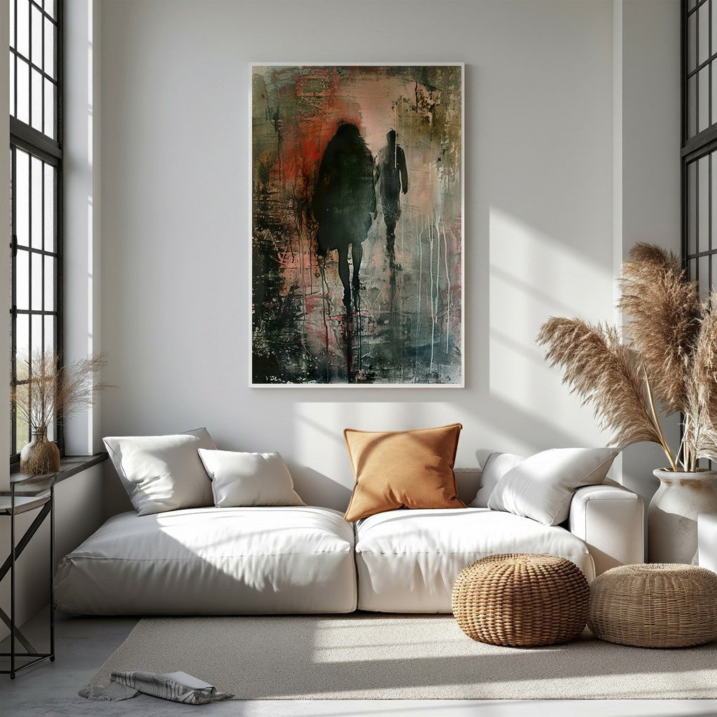Abstract Figures Walking In The Rain Wall Art