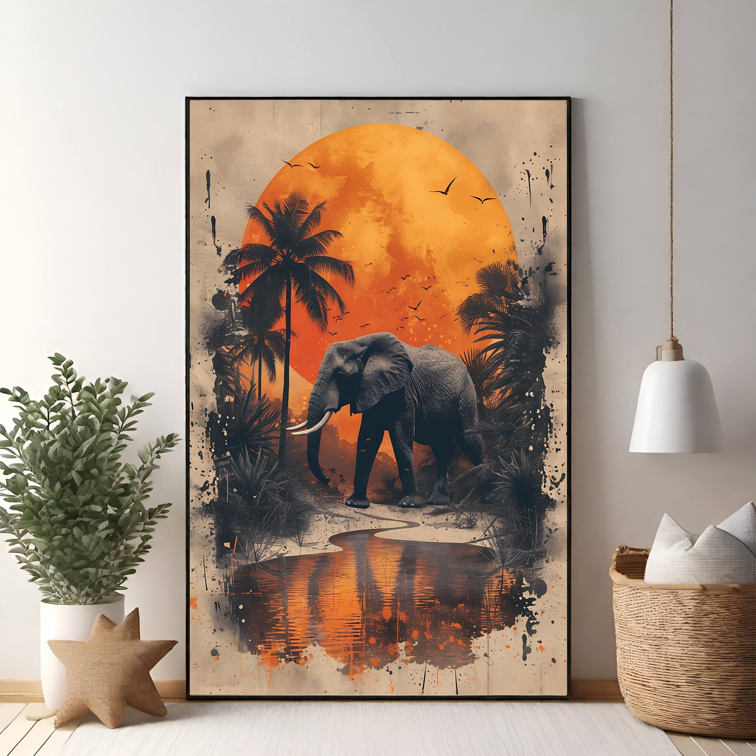 African Elephant Sunset Jungle Wall Art