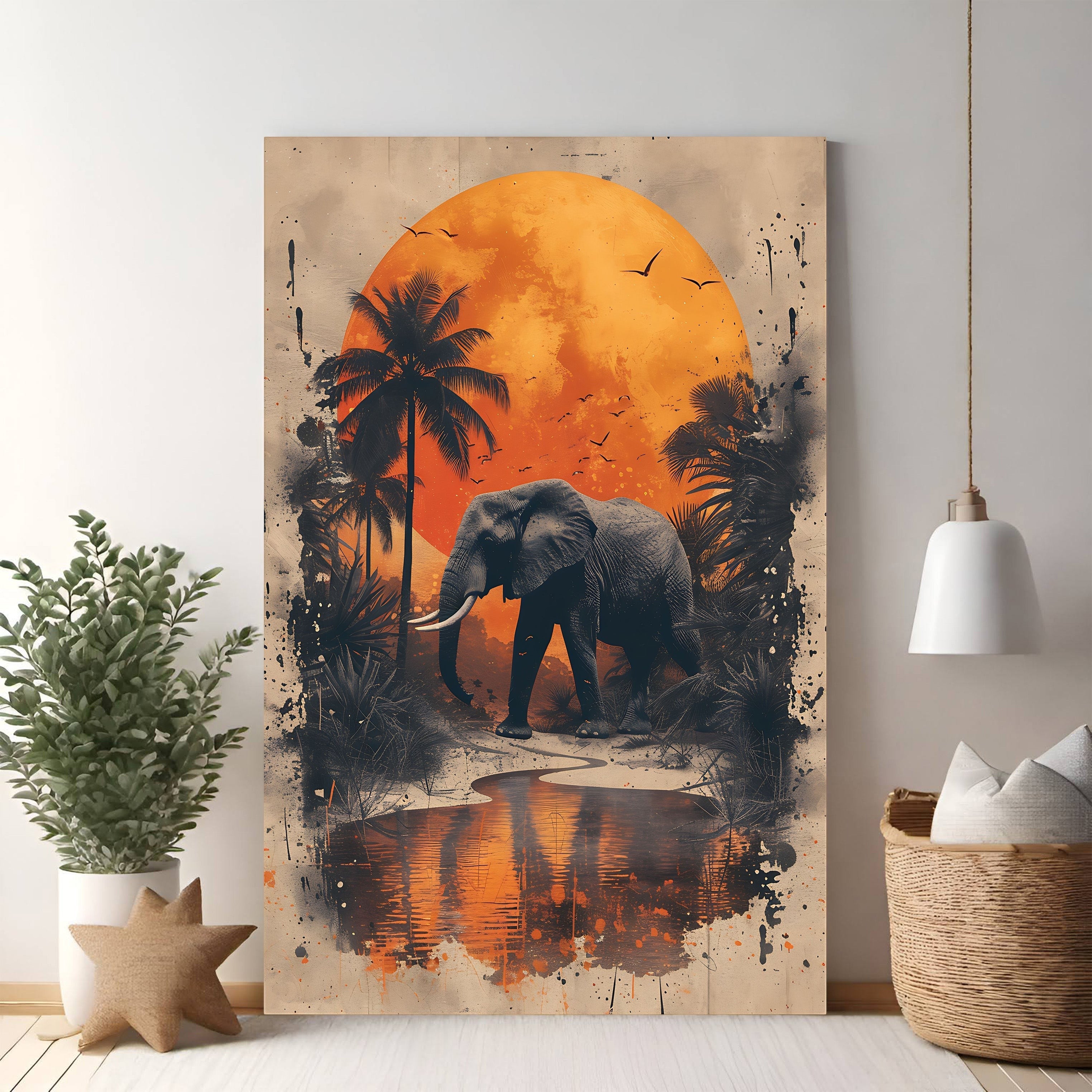 African Elephant Sunset Jungle Wall Art