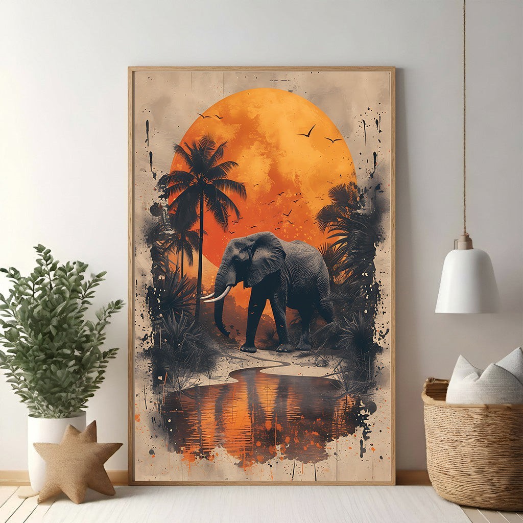 African Elephant Sunset Jungle Wall Art
