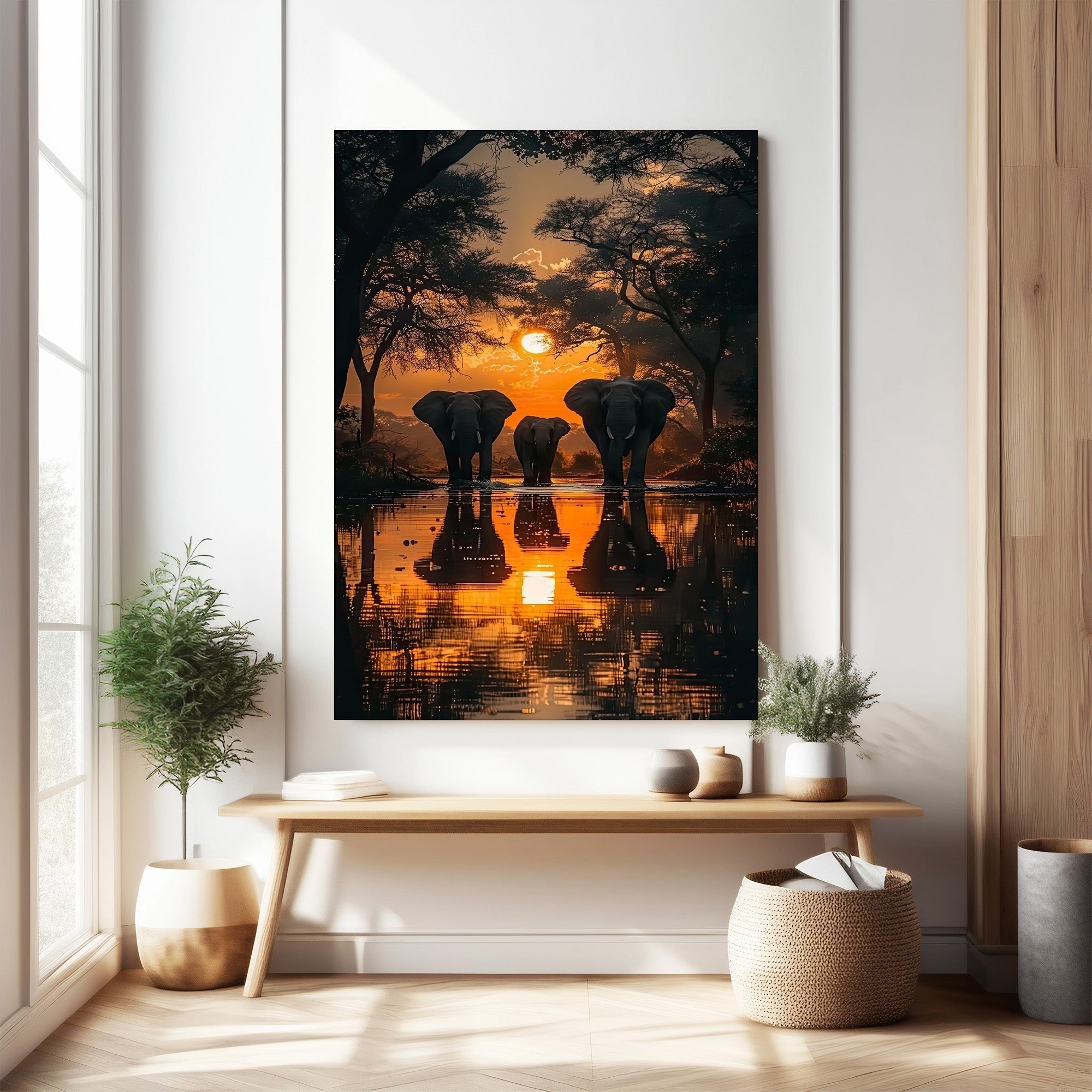 African Sunset Elephant Gathering Wall Art