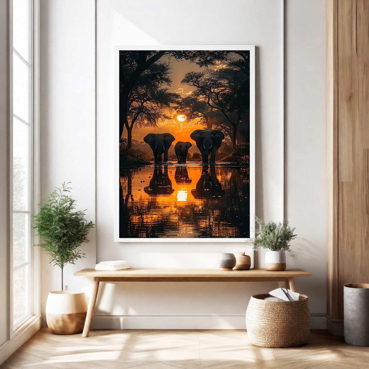 African Sunset Elephant Gathering Wall Art